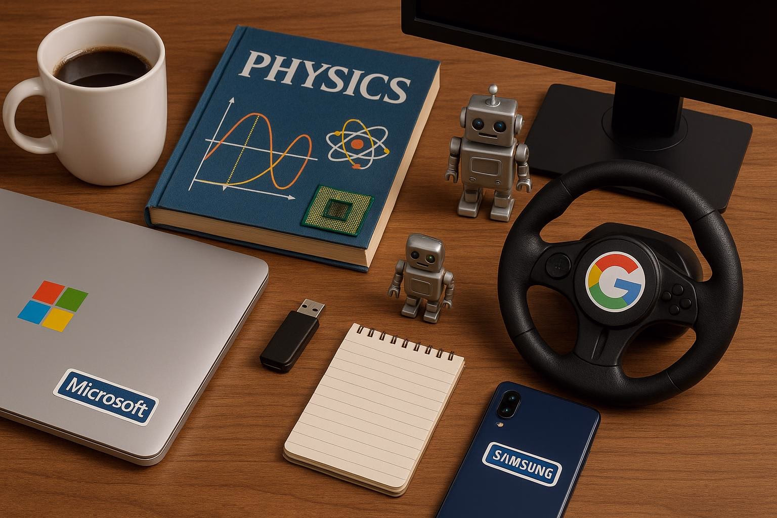 KDB Tech-Update 202511160603 Schreibtisch-Setup mit Physikbuch, Roboterfiguren, CPU-Chip, USB-Stick, Notizblock, Monitor, Lenkrad und Smartphone zur Veranschaulichung von Technik.