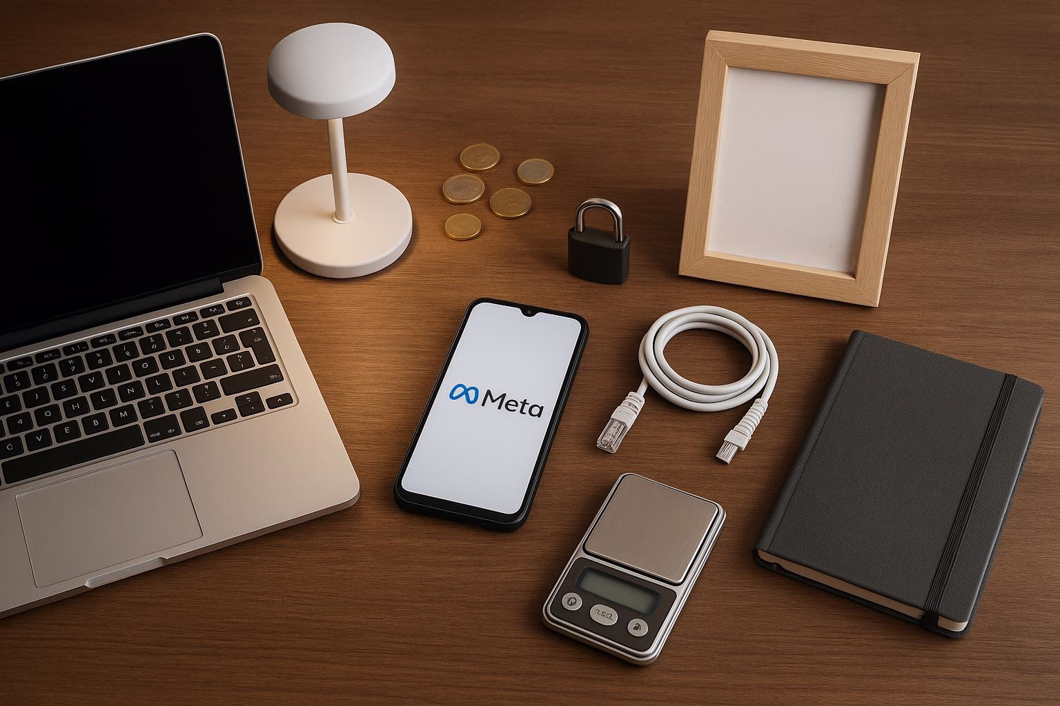 KDB Tech-Update 202511161601 Schreibtisch: Laptop, Smartphone mit Meta-Logo, LED-Lampe, Münzen, Vorhängeschloss, Waage, Notizbuch und Kabel – für Technik- und Sicherheitskontext.