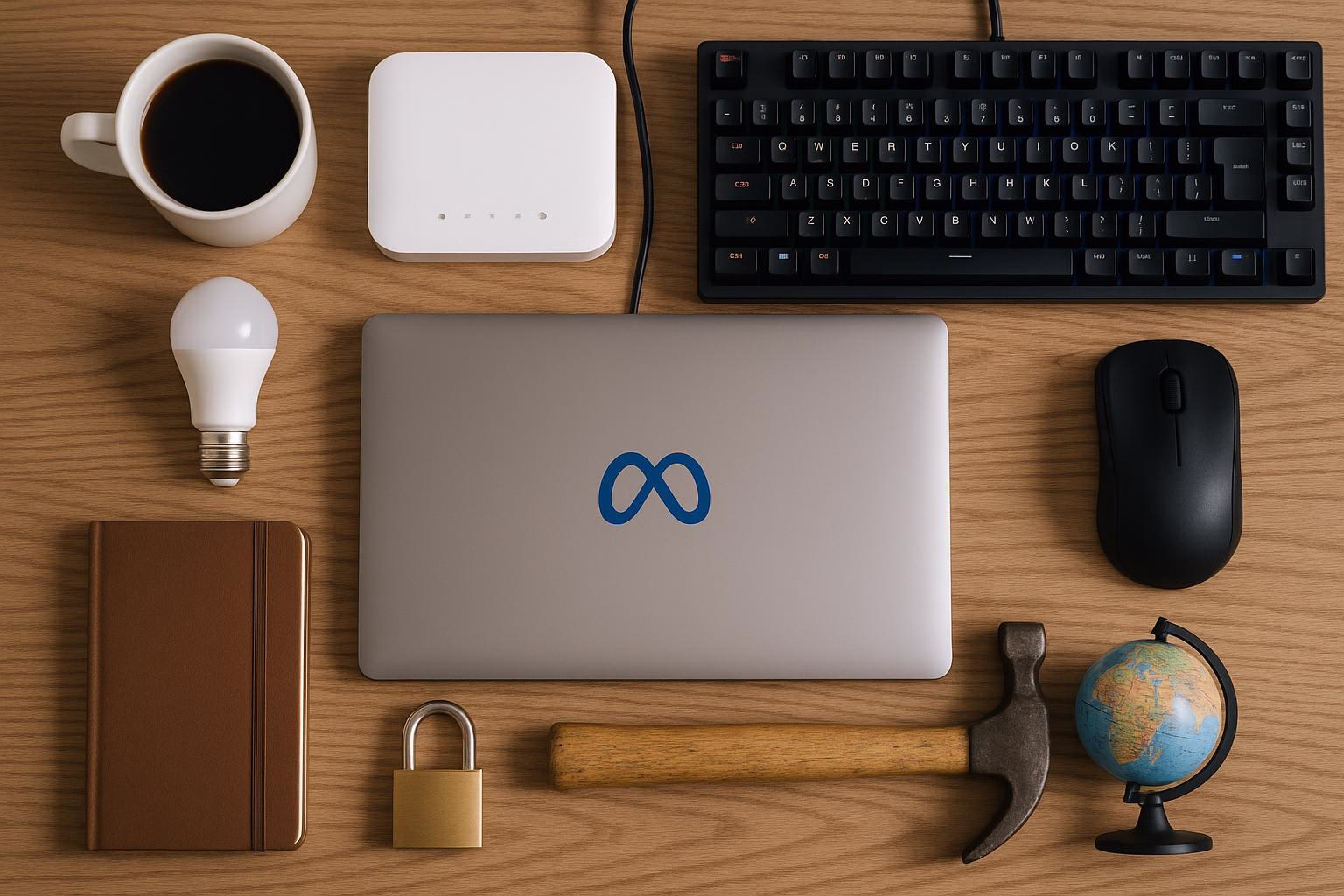 KDB Tech-Update 202511170606 Schreibtisch-Setup: Laptop, Tastatur, Maus und Router, daneben Kaffeetasse, LED, Notizbuch, Schloss, Hammer und Globus zur Tech-/Sicherheitsdarstellung.