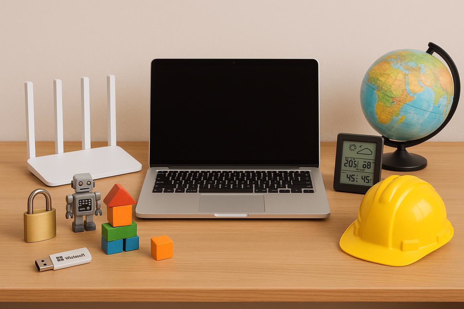 KDB Tech-Update 202511181607 Schreibtisch mit Laptop, USB-Stick, Router, Roboterfigur, Bauklötzen, Schutzhelm, Wetterstation und Globus als Technik- und Lern-Setup.