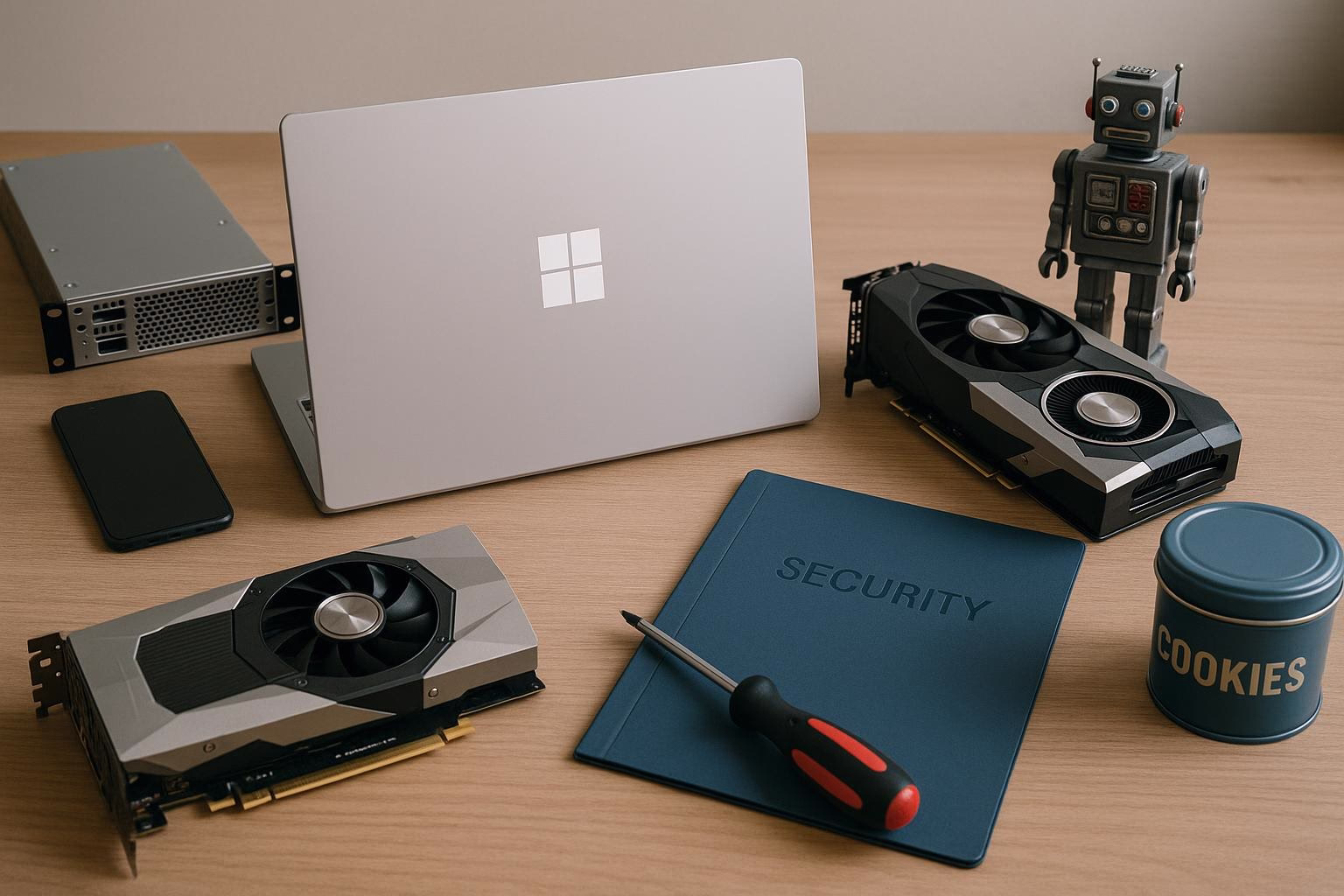 KDB Tech-Update 202511191602 Arbeitsplatz: Laptop mit Windows-Logo, Grafikkarten und Mini-Rack-Server; Sicherheitsmappe, Schraubenzieher, Handy, Roboterfigur als Technik-Update-Set.
