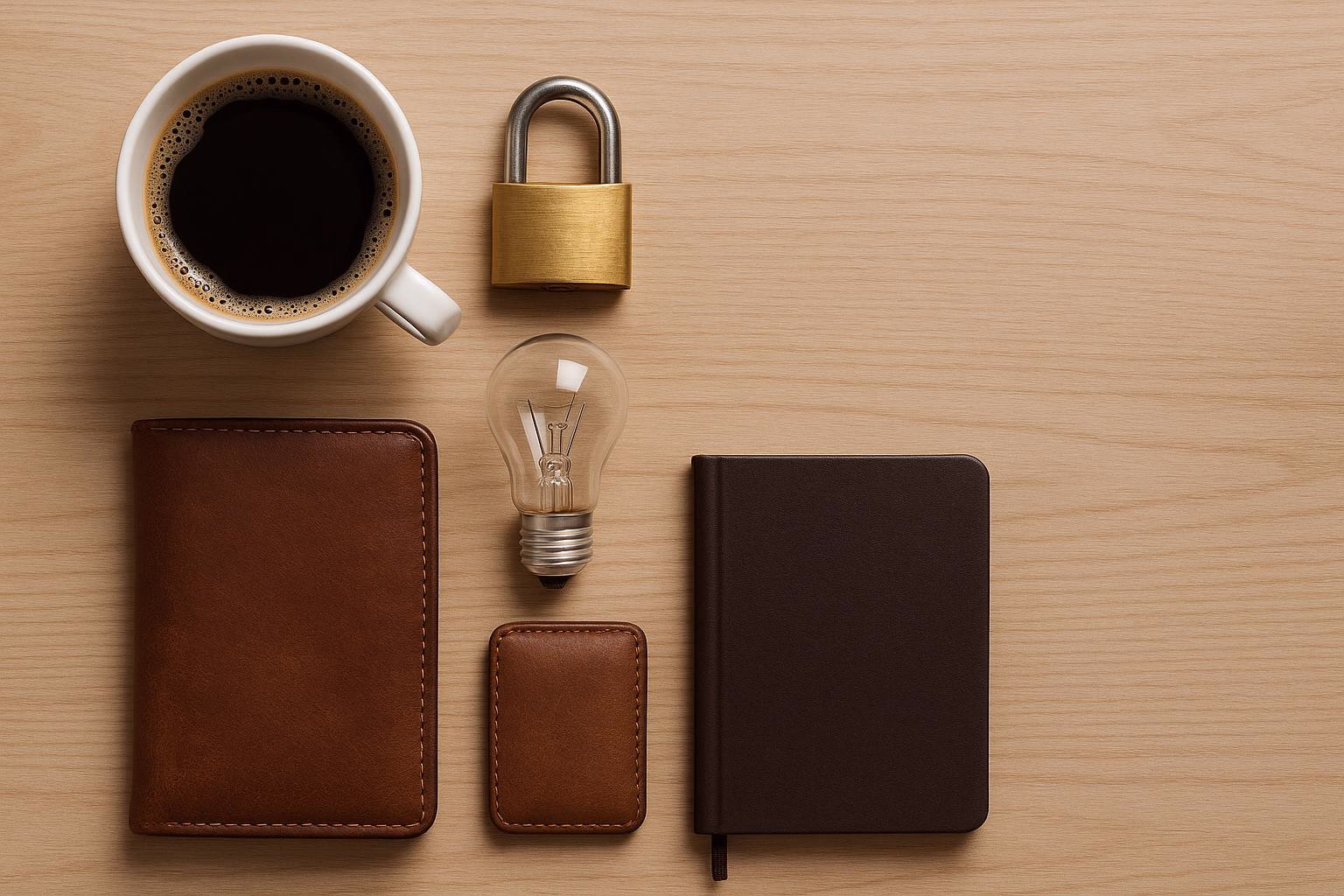 KDB Tech-Update 202511210605 Schreibtisch-Übersicht: Kaffeetasse, Schloss, Glühbirne, Portemonnaie und Notizbuch—symbolladen für Sicherheit und Produktivität.