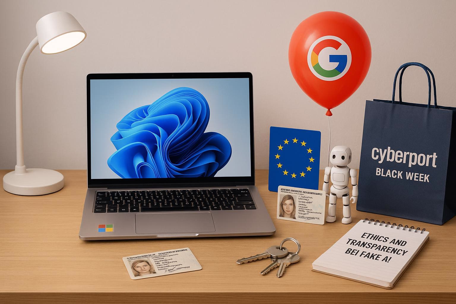 KDB Tech-Update 202511221605 Schreibtisch mit Laptop, EU-Flagge, EU-Personalausweis, Roboterfigur, rotem Google-Ballon, Notizblock zu Ethik und Schlüsselbund als Symbol für IT-Themen.