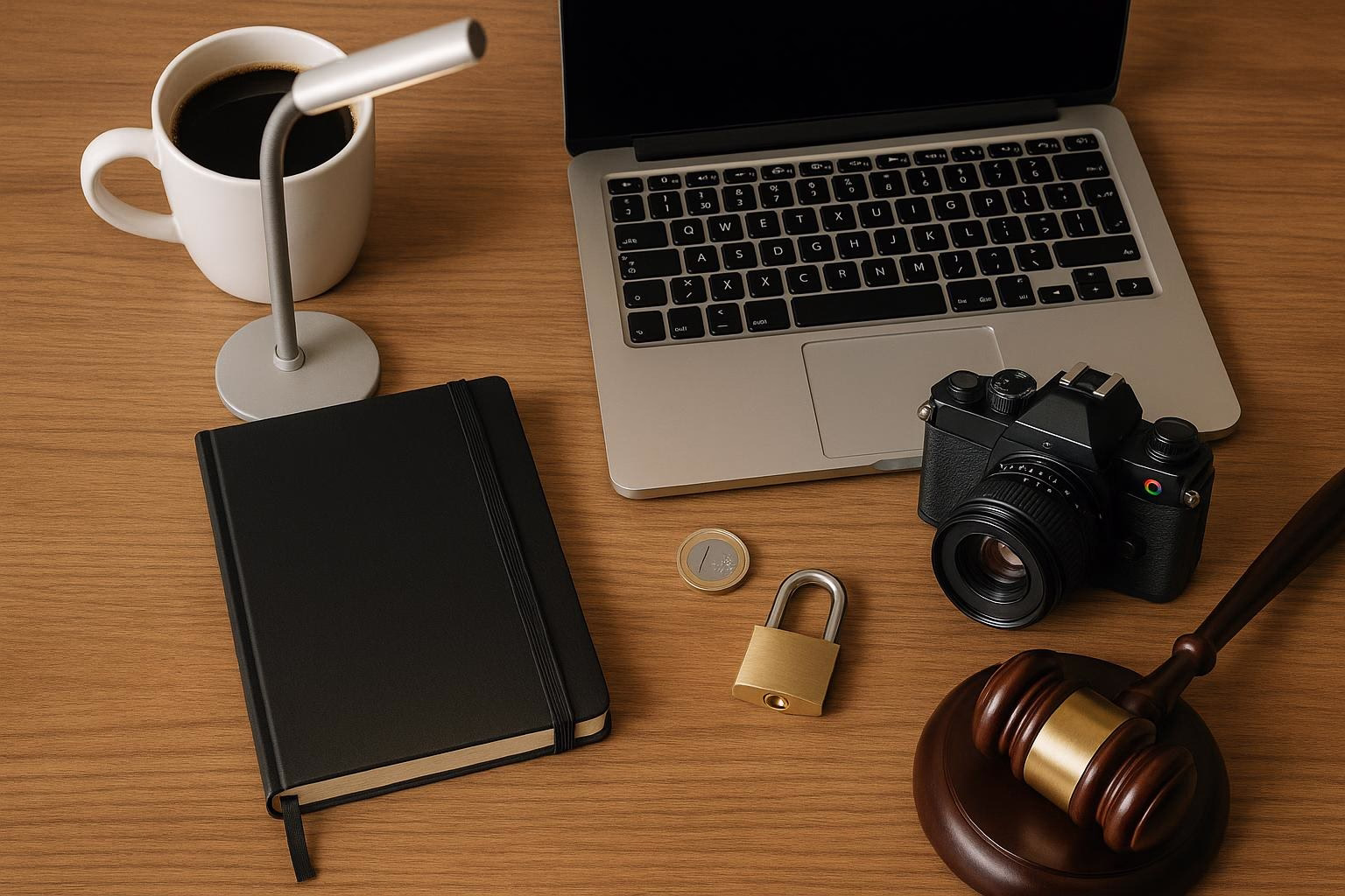 KDB Tech-Update 202511230607 Schreibtisch-Set aus Laptop, Kaffeetasse, Notizbuch, Digitalkamera, Münze und Schloss mit Richterhammer—Symbol für Technik, Ordnung und Recht.