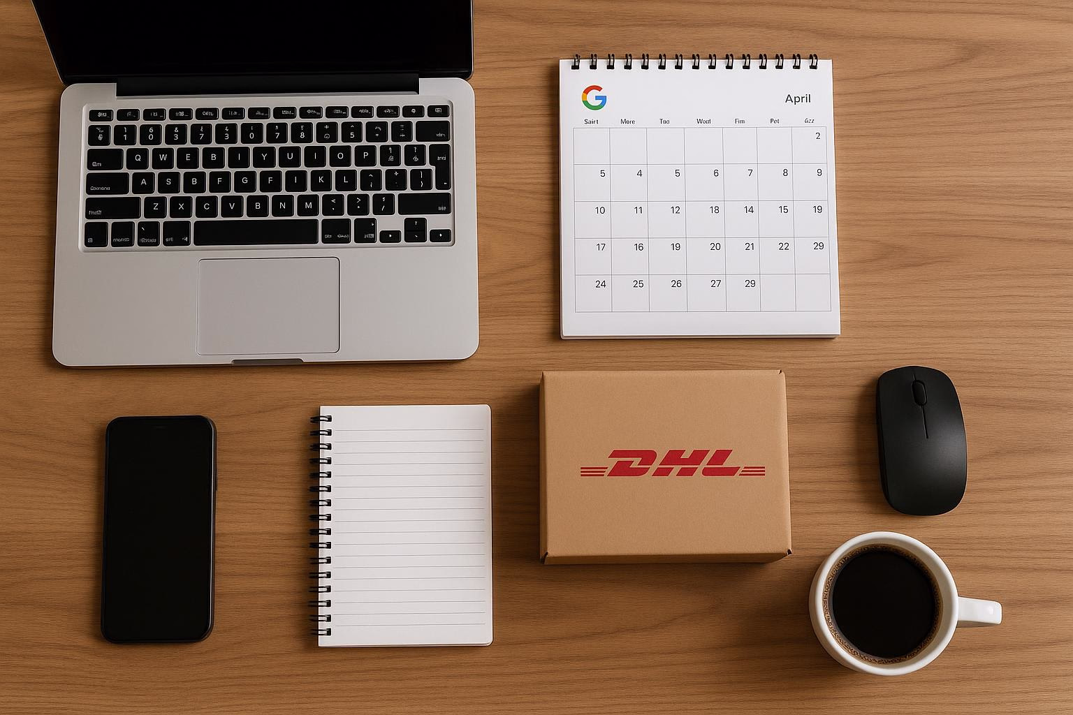 KDB Tech-Update 202511231604 Arbeitstisch mit geöffnetem Laptop, Kalender (April), Notizblock, Smartphone, Computermaus, Kaffee und Paket mit DHL-Logo.