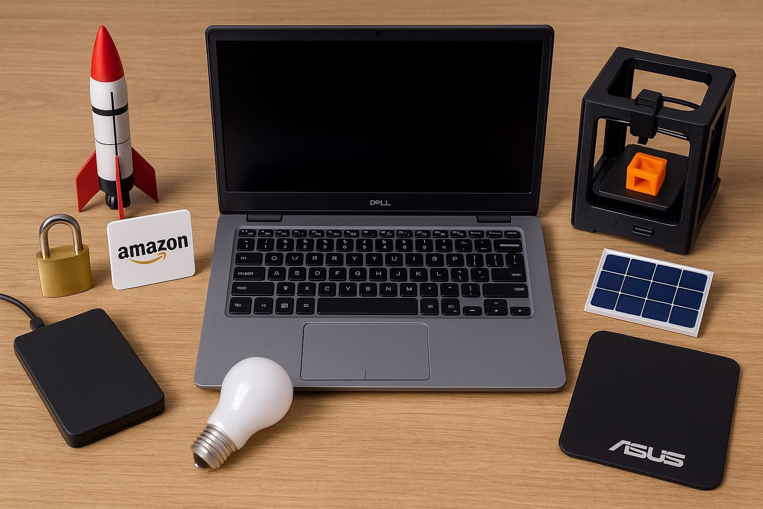KDB Tech-Update 202511251603 Laptop auf Holzschreibtisch mit Smartphone, Glühbirne, externem Speicher, Mini-Solarmodul, Raketenmodell und Sicherheitsobjekten für Technik-Update-Inszenierung.