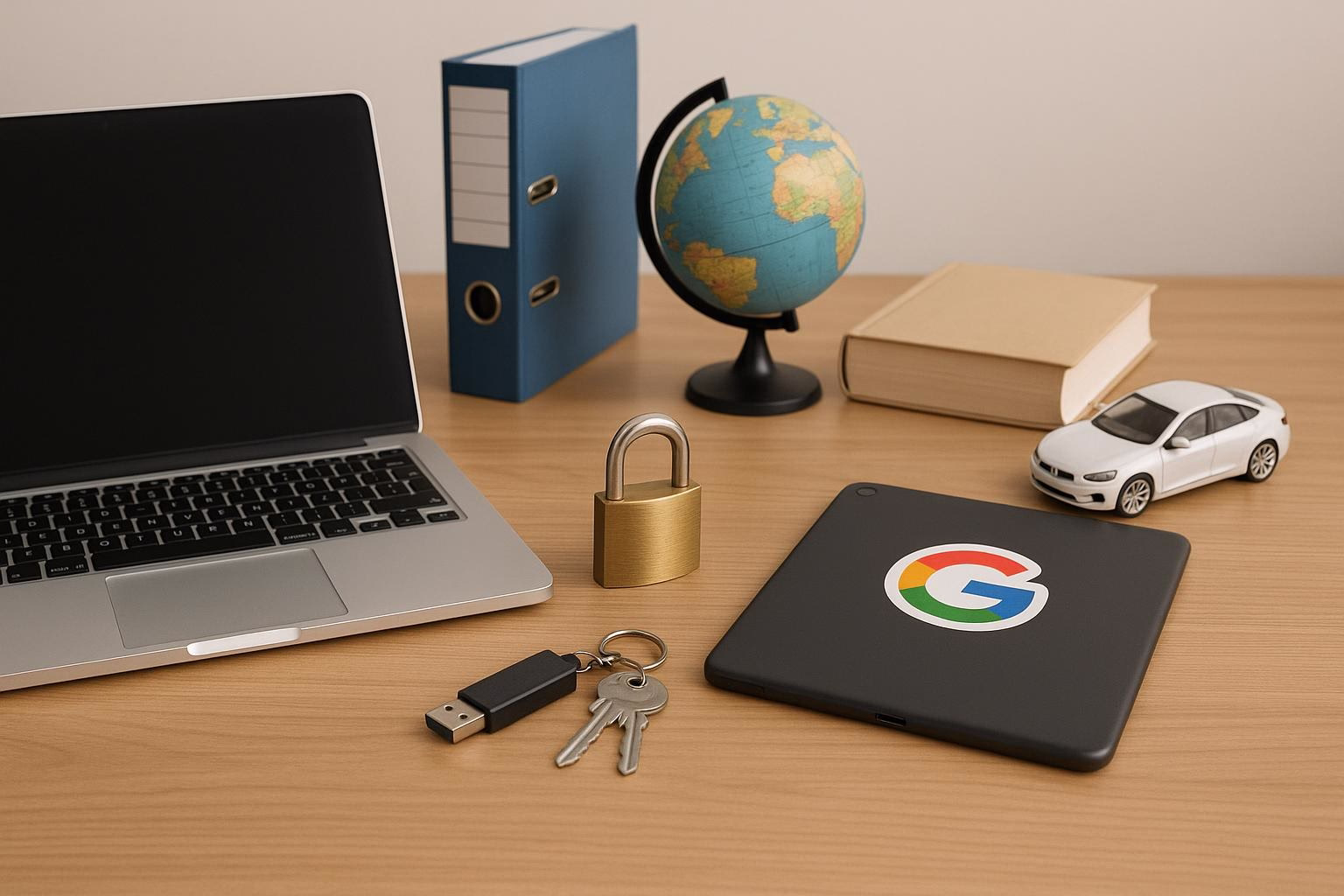 KDB Tech-Update 202511281601 Schreibtisch mit Laptop, Tablet, Ordnern, Buch und Globus; Sicherheits-Icon, Schloss sowie Schlüsselbund und USB-Stick verdeutlichen IT-Schutz.