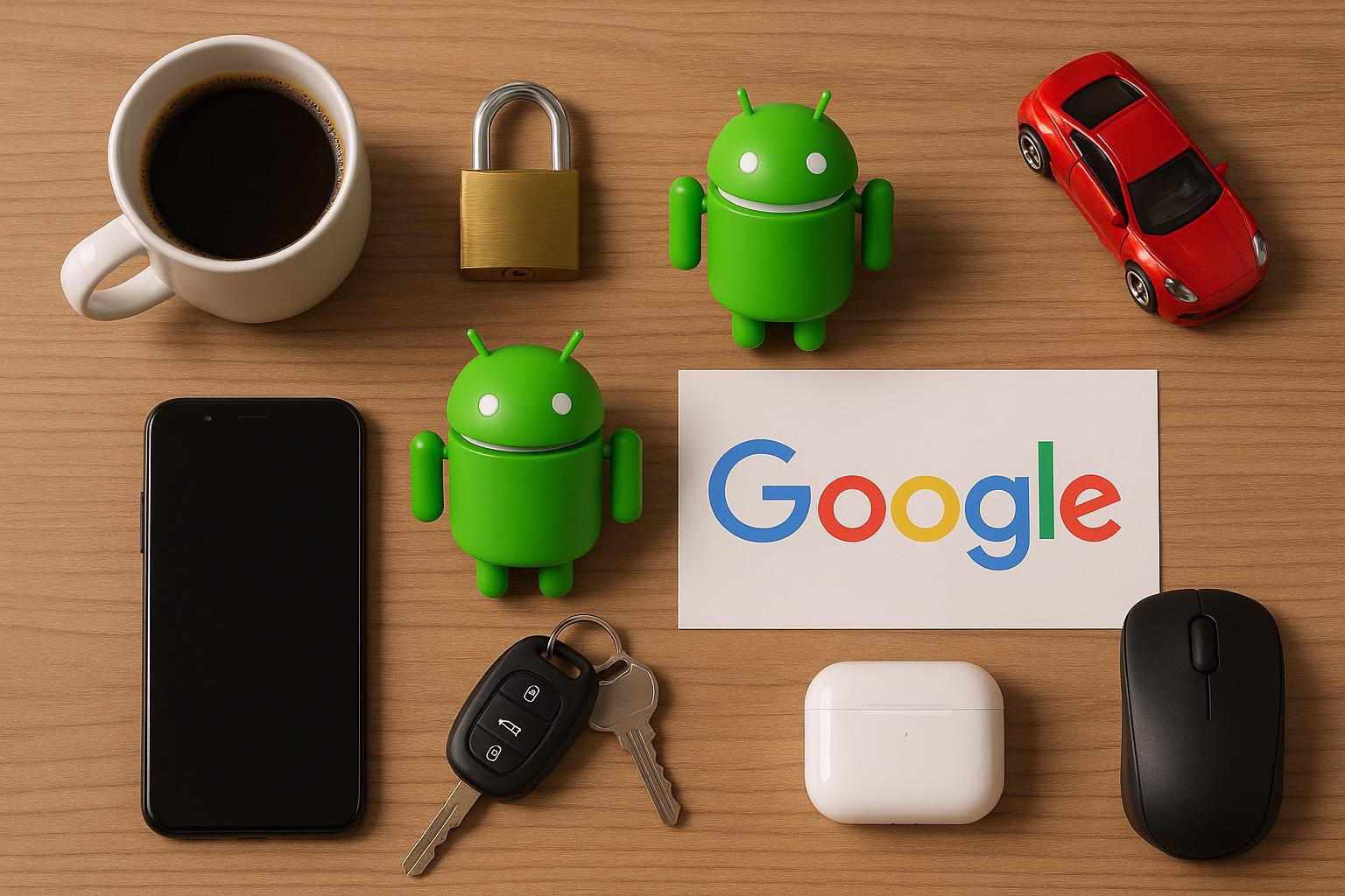 KDB Tech-Update 202511290603 Holztisch mit Android-Figuren, Smartphone, Auto- und Haustürschlüsseln, AirPods, Maus sowie Poster mit „Google“ zur Themenillustration.