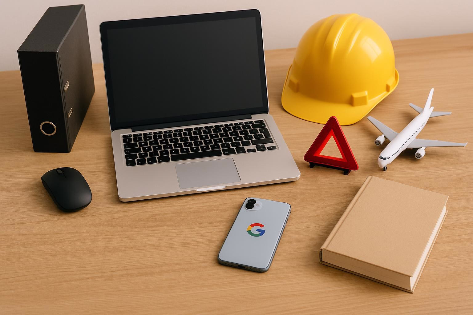 KDB Tech-Update 202511291606 Arbeitsplatz mit Laptop, Maus, Smartphone, Ordner, Warnsymbol, Bauhelm und Modellflugzeug als Ausstattung für Technik- und Sicherheitskonzept.