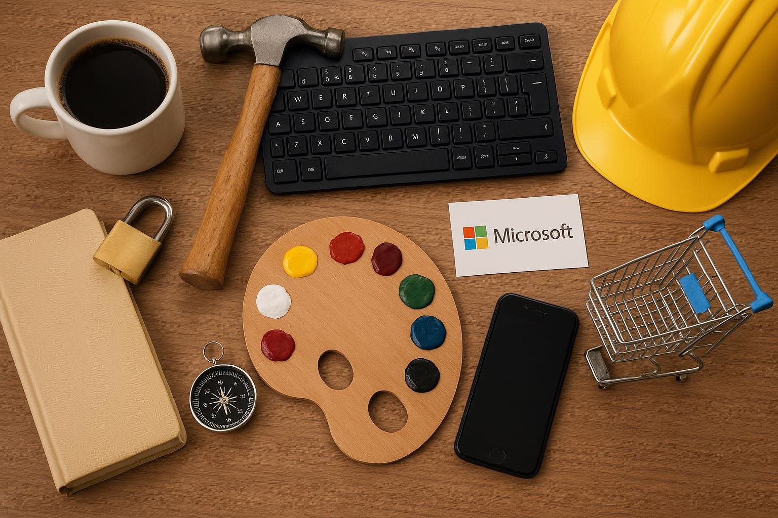 KDB Tech-Update 202511300601 Schreibtisch mit Tastatur, Kaffeetasse, Tablet, Smartphone, Bauhelm und Hammer; daneben Warenkorb, Buch, Malpalette und Kompass als Symbol für Arbeit.