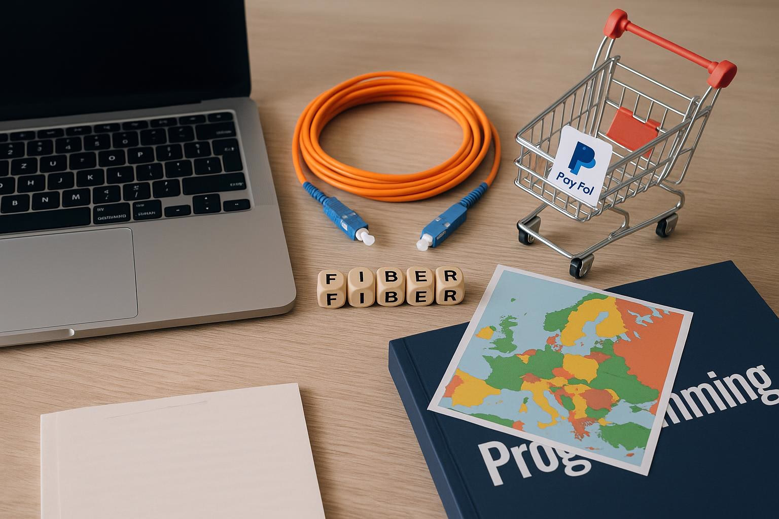 KDB Tech-Update 202511301606 Schreibtisch mit Laptop, orangefarbenem Glasfaserkabel, Mini-Einkaufswagen, Alphabetwürfeln und Europakarte als Motiv für Technik- und Shop-Themen.