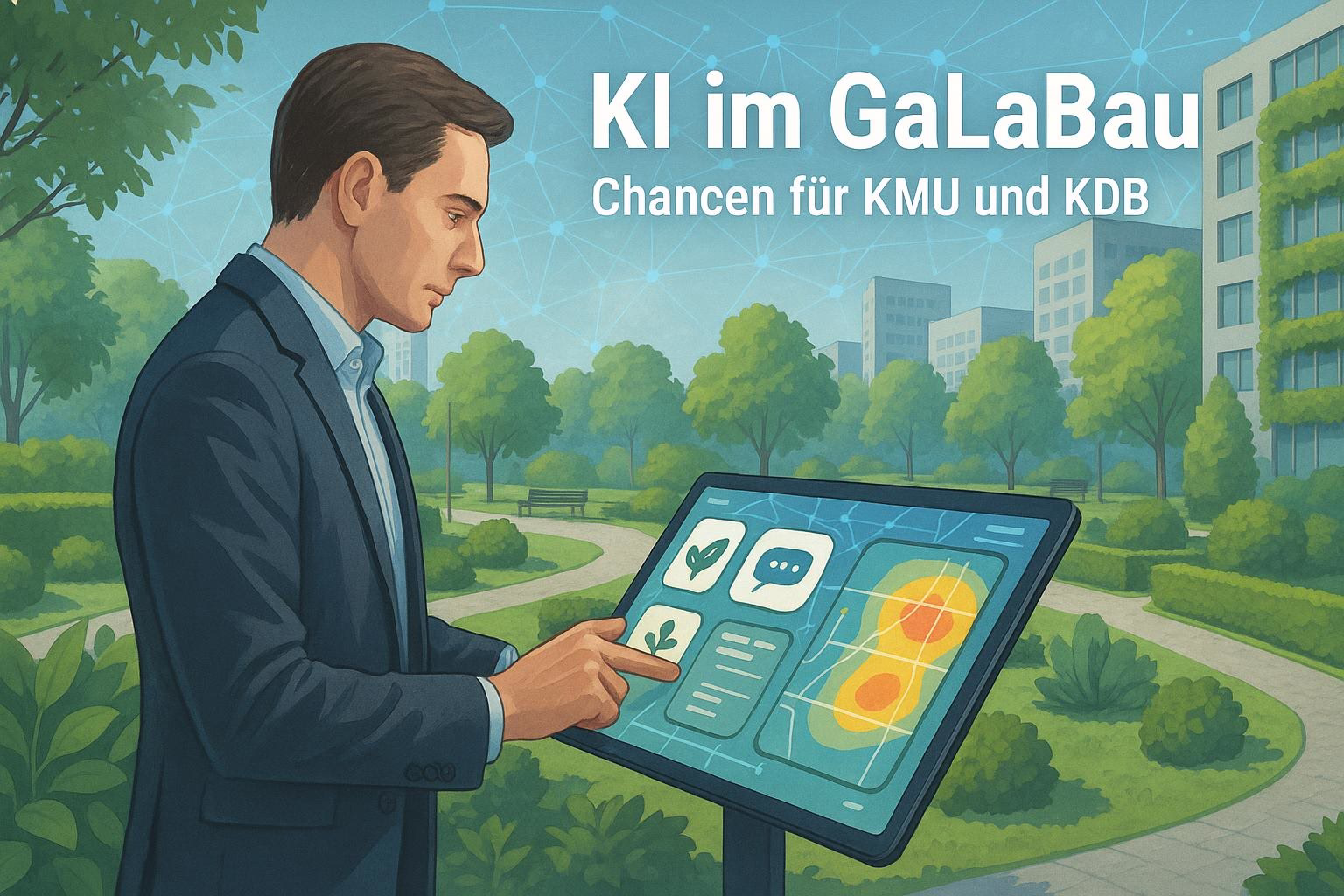 bild-ki-recherche Mann mit Tablet im Park; digitale Chat- und Analyse-Icons zeigen KI-gestützte Unterstützung für Chancen in Unternehmen.