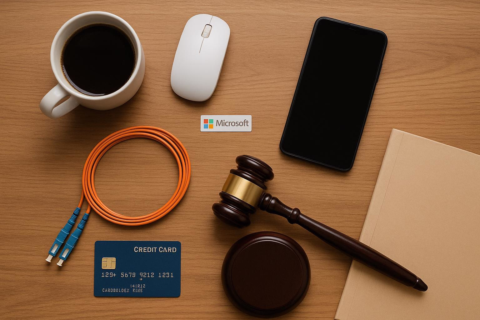 KDB Tech-Update 202512010606 Übersicht auf einem Holzschreibtisch: Kaffeetasse, Maus, Smartphone, Glasfaserkabel, Kreditkarte, Richterhammer und Dokumentenmappe als Themen-Visual.