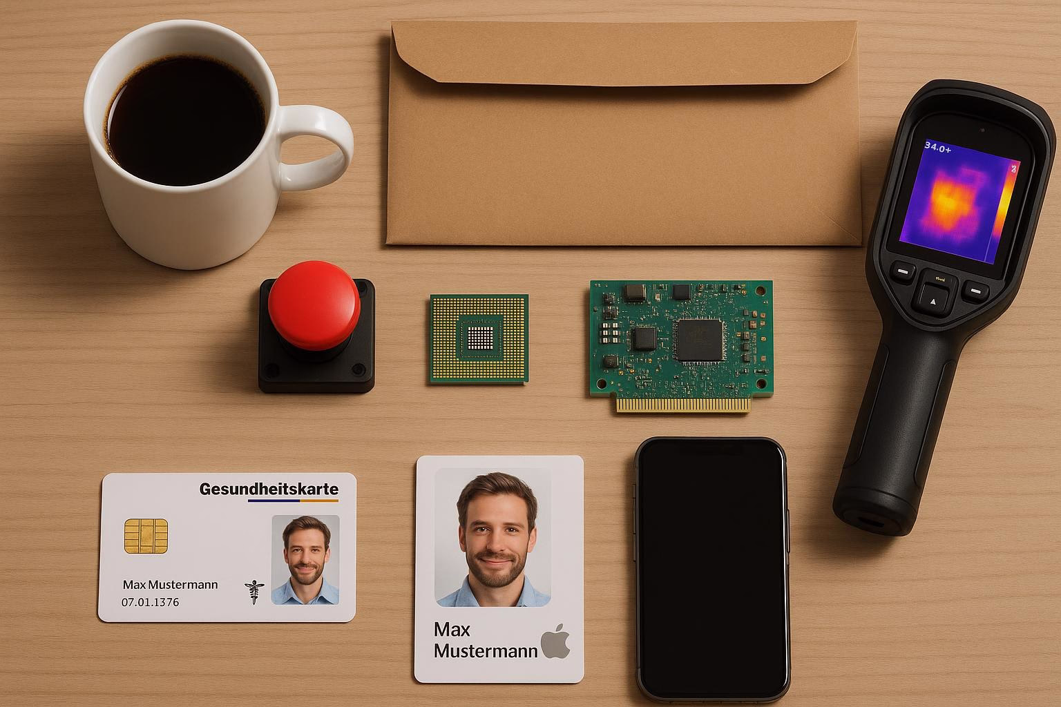 KDB Tech-Update 202512030603 Schreibtisch-Setup mit Kaffeetasse, rotem Knopf, Leiterplatten, Wärmebildkamera, Smartphone und Gesundheitskarten zur Darstellung Technik- und Gesundheitsanwendung.