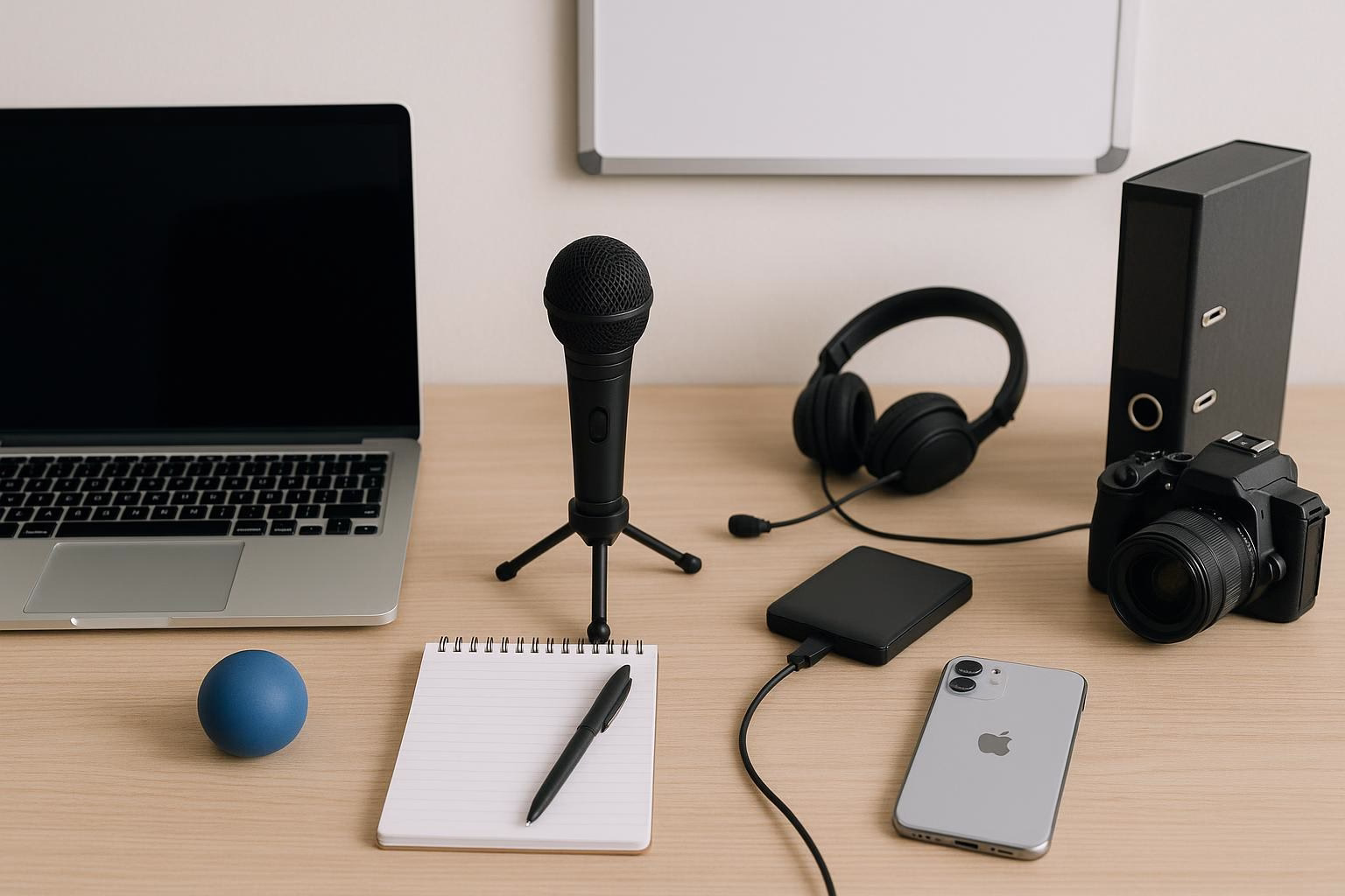 KDB Tech-Update 202512031602 Schreibtisch mit Laptop, Mikrofon auf Stativ, Headset, Kamera, Smartphone, Notizblock und Zubehör für Technik- und Videokonferenzen.