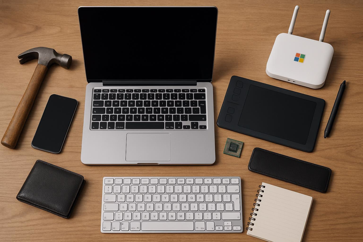 KDB Tech-Update 202512041602 Schreibtisch mit Laptop, Smartphone, Grafiktablett, Router, Mikrochip, Stift und Notizblock; zeigt Arbeitsumgebung für Technik-Update und Planung.