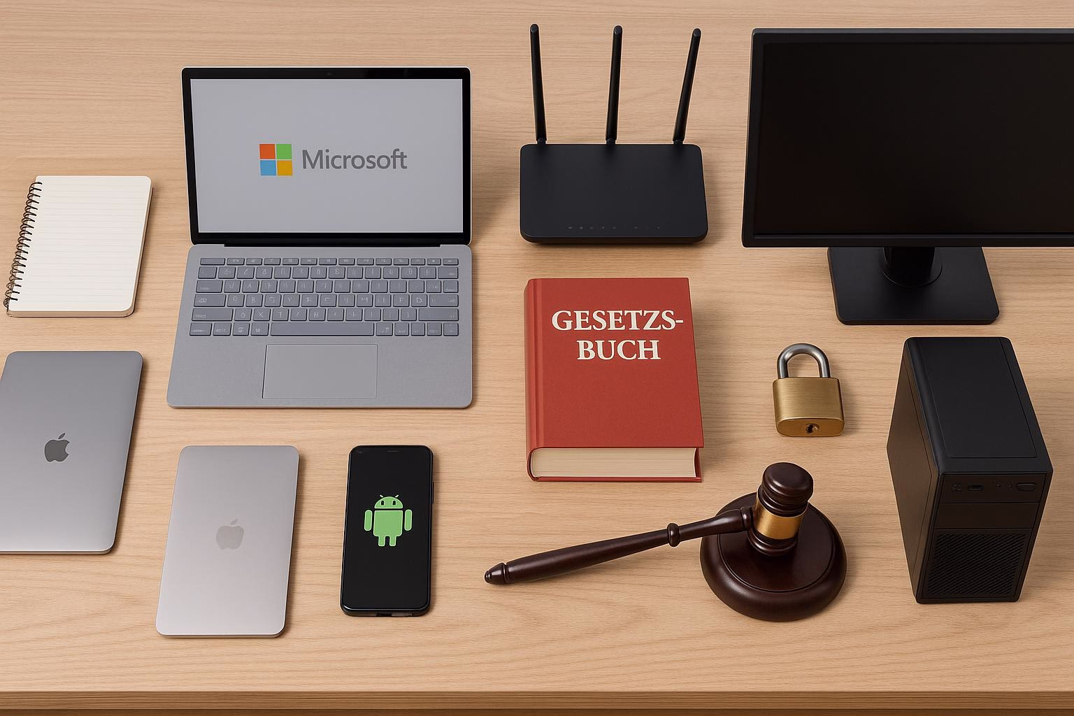 KDB Tech-Update 202512051606 Schreibtisch mit Laptop, Android-Smartphone, Router, Gesetzbuch, Richterhammer und Vorhängeschloss; Bild veranschaulicht Recht, Technik und Sicherheit.