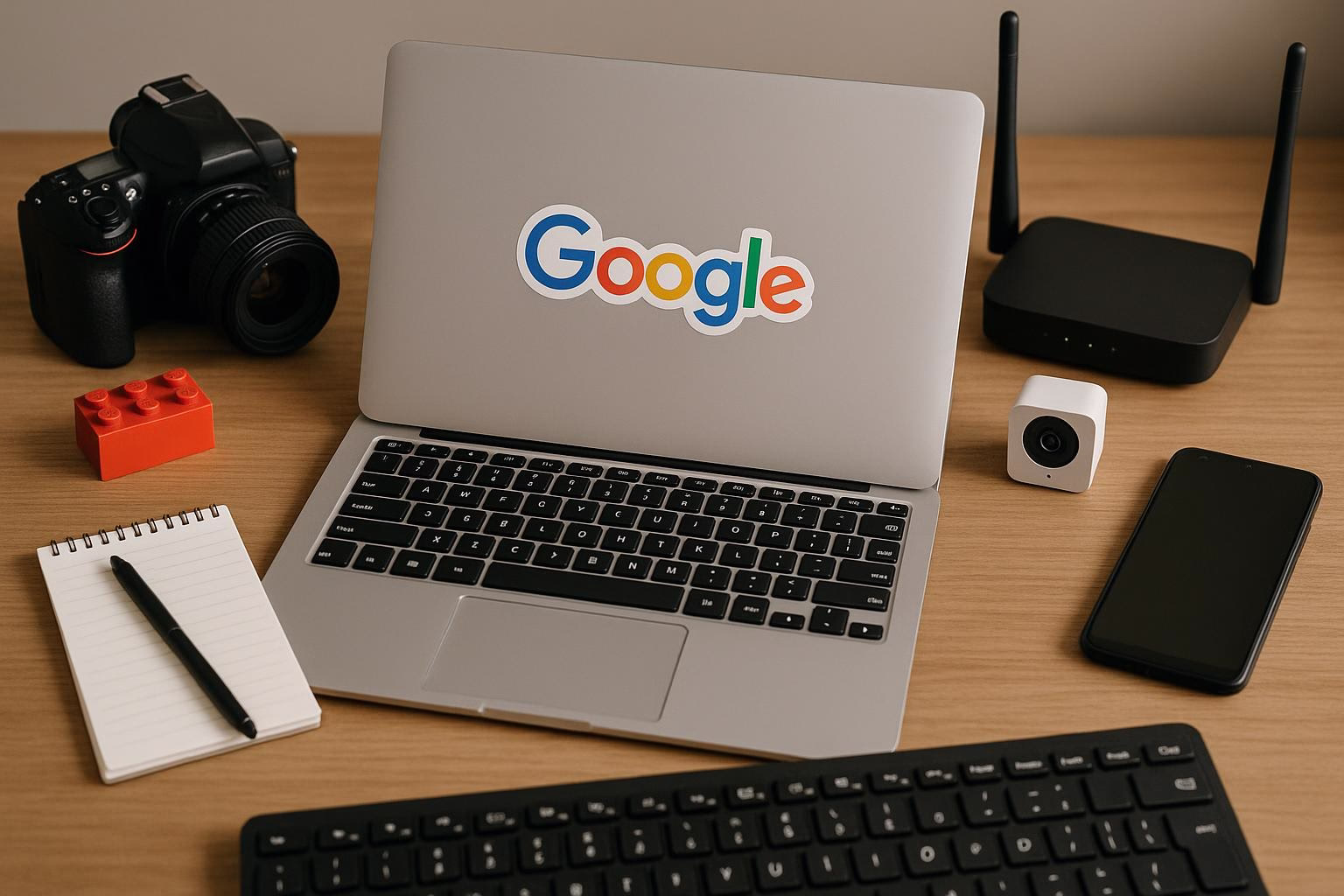 KDB Tech-Update 202512061604 Laptop mit „Google“-Aufkleber, daneben Router, Mini-Überwachungskamera, Smartphone, Notizblock und Kamera; Arbeits- und Technik-Setup.
