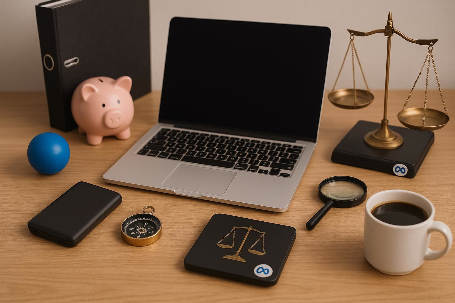 KDB Tech-Update 202512071606 Arbeitsplatz: Laptop, Powerbank, Sparschwein, Aktenordner, Waage mit rundem Meta-Sticker, Vergrößerungsglas, Kompass, Stressball und Kaffeetasse.