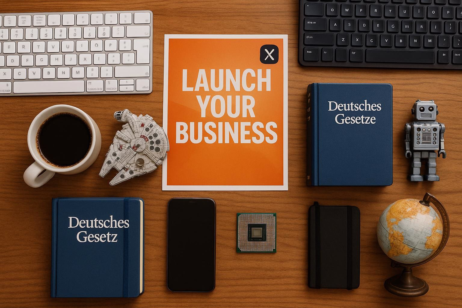 KDB Tech-Update 202512090602 Übersichtlicher Schreibtisch mit Keyboard, Kaffeetasse, Smartphone, Gesetzesbüchern, Computerchip, Globus und Roboterfigur; Motiv für Business/Tech-Themen.