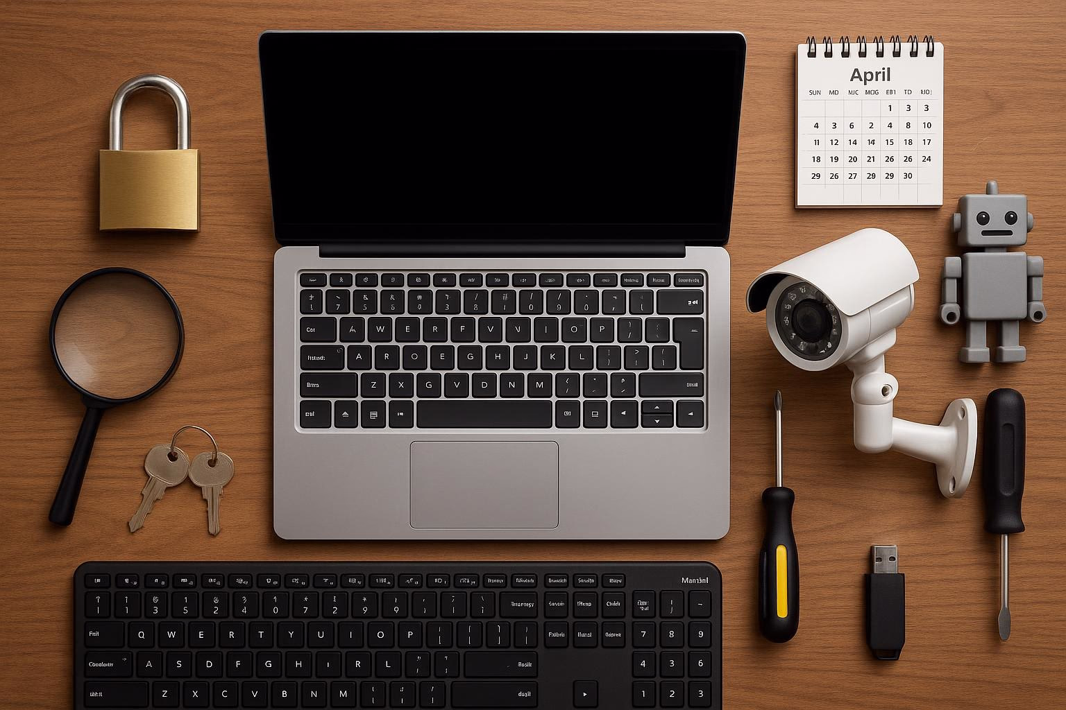 KDB Tech-Update 202512091603 Schreibtisch-Setup: Laptop, Vorhängeschloss mit Schlüssel, Kamera, Kalender, Roboterfigur, USB-Stick und Werkzeuge; Hinweis auf IT-Sicherheit.
