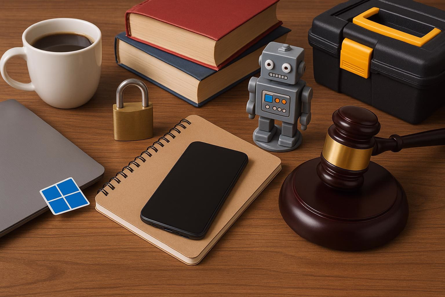 KDB Tech-Update 202512100604 Schreibtisch mit Kaffeetasse, Bücherstapeln, Notizbuch, Smartphone, Roboterfigur, Schloss, Werkzeugkiste und Richterhammer zur Darstellung von Büro/Ordnung.