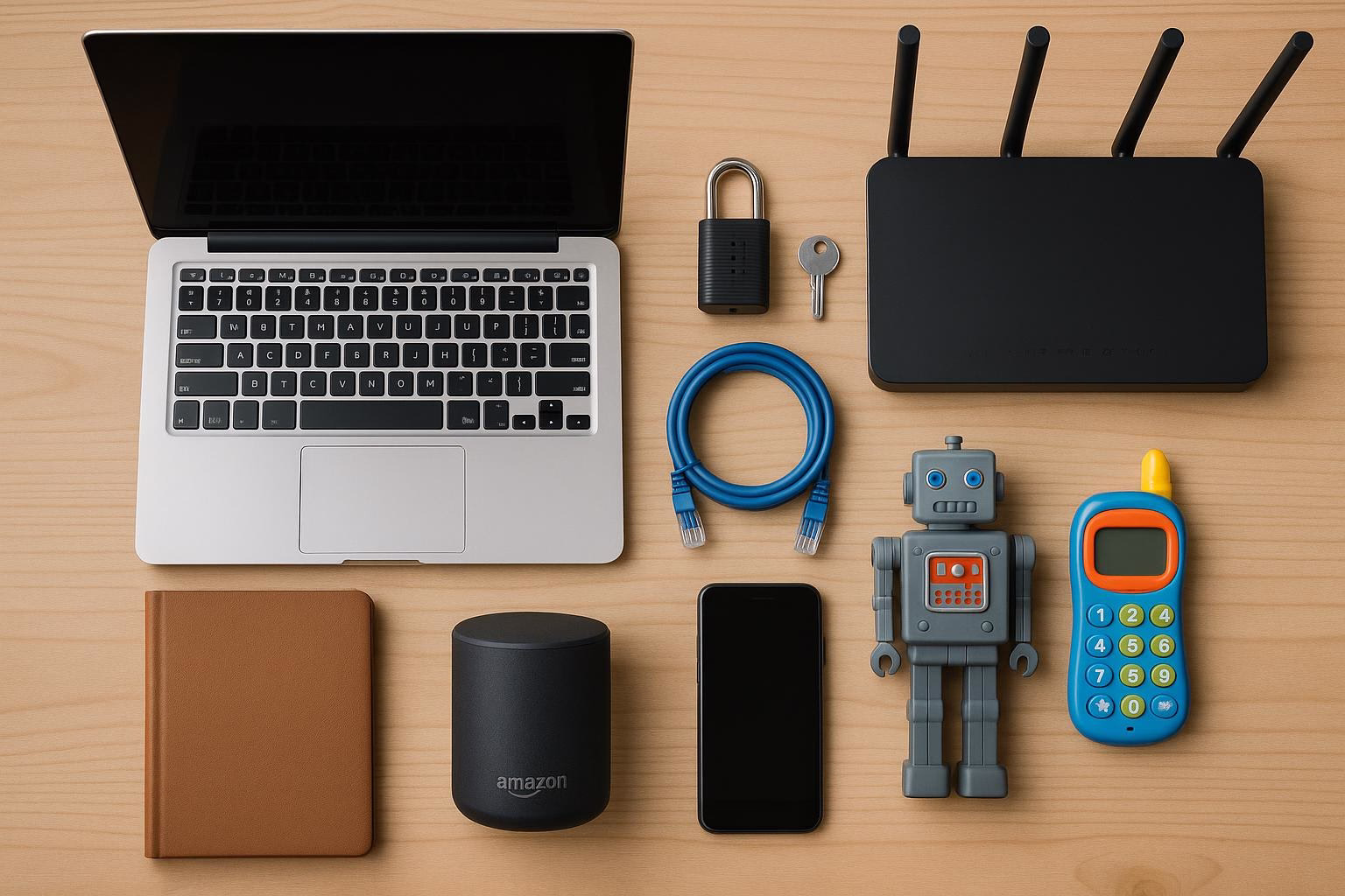 KDB Tech-Update 202512101603 Schreibtischansicht: Laptop, gesperrtes Vorhängeschloss mit Schlüssel, Router, Kabel, Notizbuch, Lautsprecher, Roboterfigur und Smartphone/Toy-Handy.