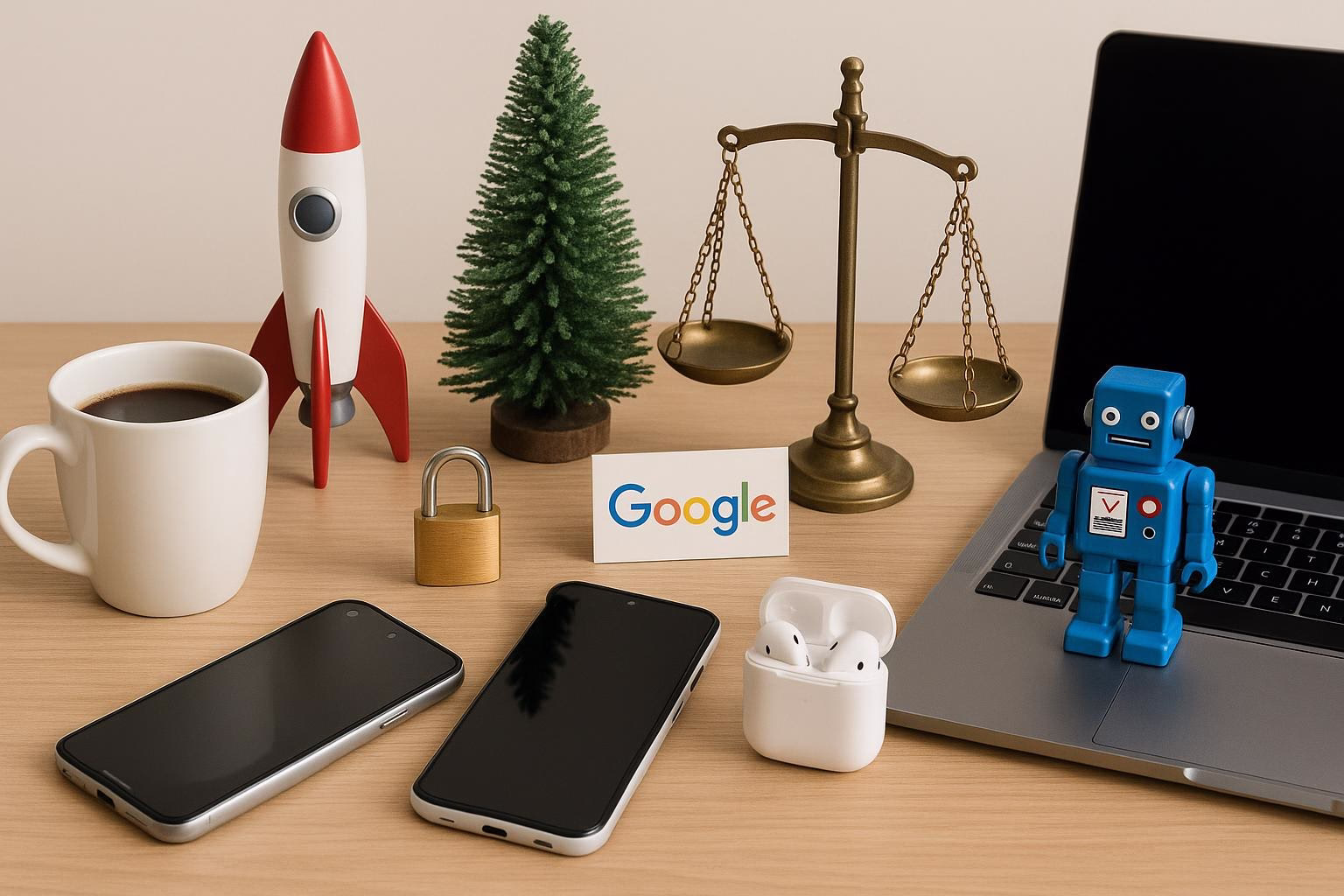KDB Tech-Update 202512130604 Schreibtisch mit Rocket- und Roboter-Deko, Kaffeetasse, Waage mit Banner, Smartphone, Laptop sowie AirPods als Hinweis auf Technik-Themen