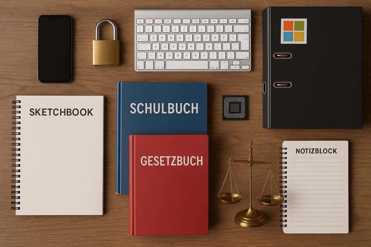 KDB Tech-Update 202512140602 Schreibtisch-Übersicht mit gesperrtem Smartphone, Tastatur, Ordnern, Notizblöcken, Waage und Büchern zur Darstellung von Arbeit, Lernen und Recht.