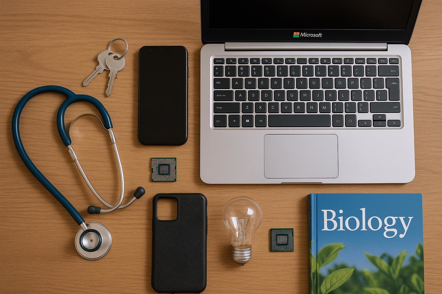 KDB Tech-Update 202512141602 Schreibtisch mit Laptop, Smartphone, Schlüsseln, Stethoskop, Mikrochip, Glühbirne und Biologie-Buch als Hinweis auf Technik und Gesundheit.