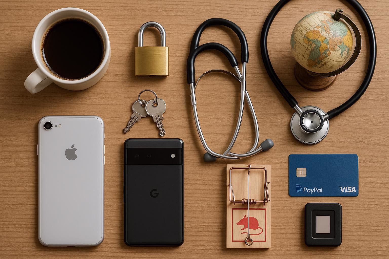 KDB Tech-Update 202512150604 Schreibtisch-Übersicht mit Kaffee, Stethoskop, Schlüsseln, Vorhängeschloss, Globus und iPhone/Pixel, Kreditkarte sowie Fingerabdruckscanner und Sicherungs-Symbolen.