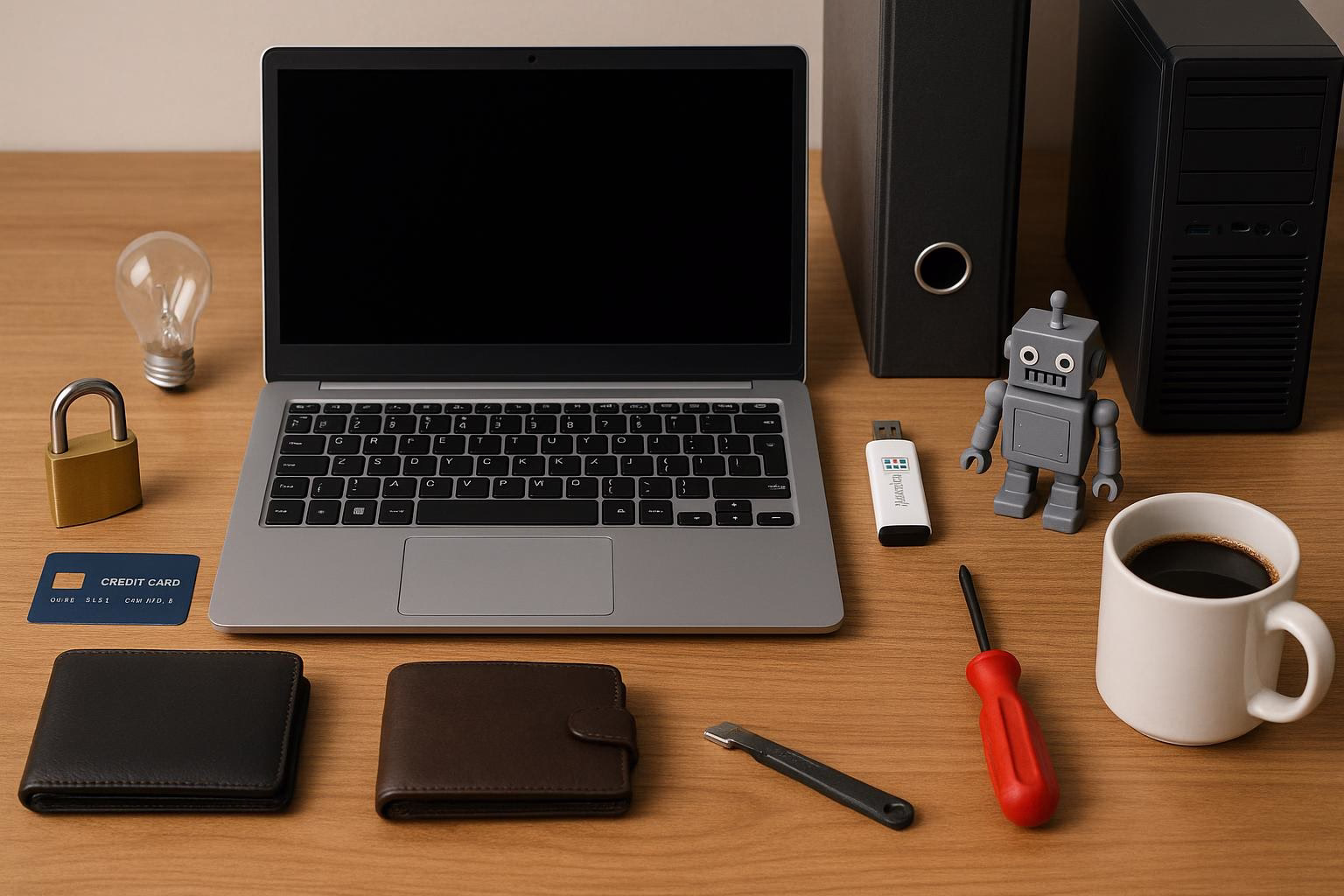 KDB Tech-Update 202512151604 Schreibtisch mit Laptop, USB-Stick, Kreditkarte, Werkzeug, Roboterfigur und Kaffeetasse; soll Technik und Arbeitsalltag symbolisieren.