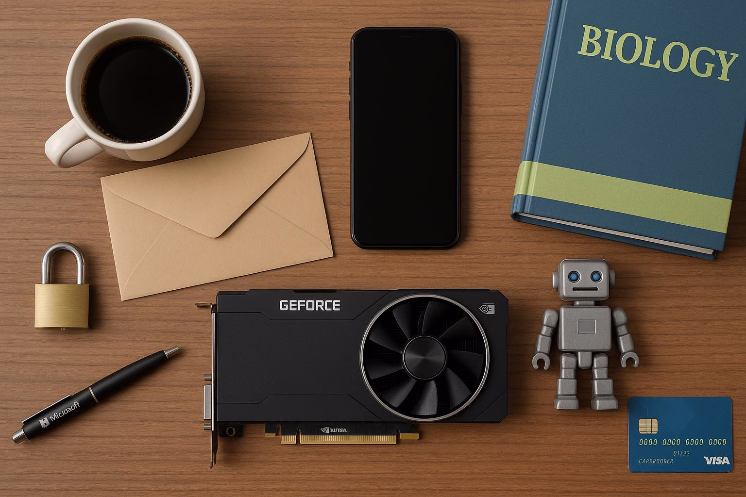 KDB Tech-Update 202512160601 Schreibtisch mit Kaffee, Smartphone, Umschlag, blockiertem Vorhängeschloss, Grafikkarte, Roboterfigur und Kreditkarte; zeigt Technik- und Sicherheitsbezug.