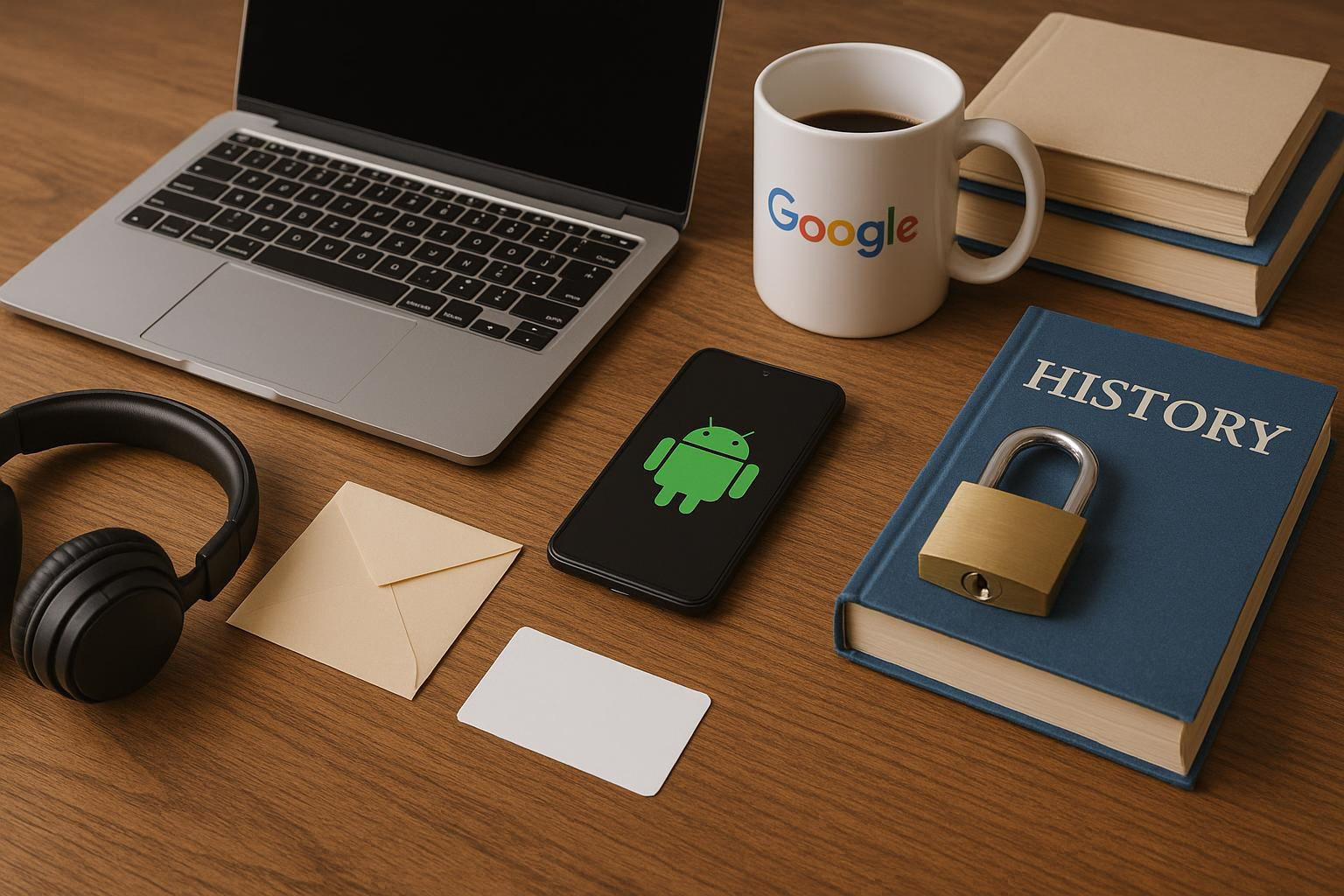 KDB Tech-Update 202512161604 Schreibtisch mit Laptop, Smartphone, Tasse, Bluetooth-Headset, Umschlag, Visitenkarte, Büchern und Schloss zur Darstellung von Arbeit und Sicherheit.