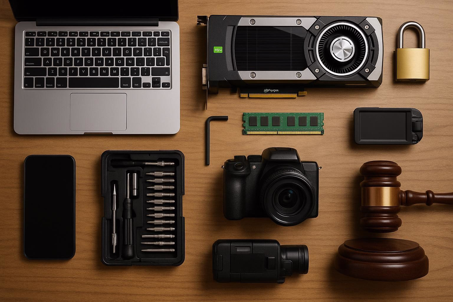 KDB Tech-Update 202512171605 Übersicht auf einem Holztisch: Laptop, Grafikkarte mit RAM-Modul, Smartphone, Kamera, Videokamera, Werkzeugkasten, Schloss und Hammer zur Technik- und Reparaturarbeit