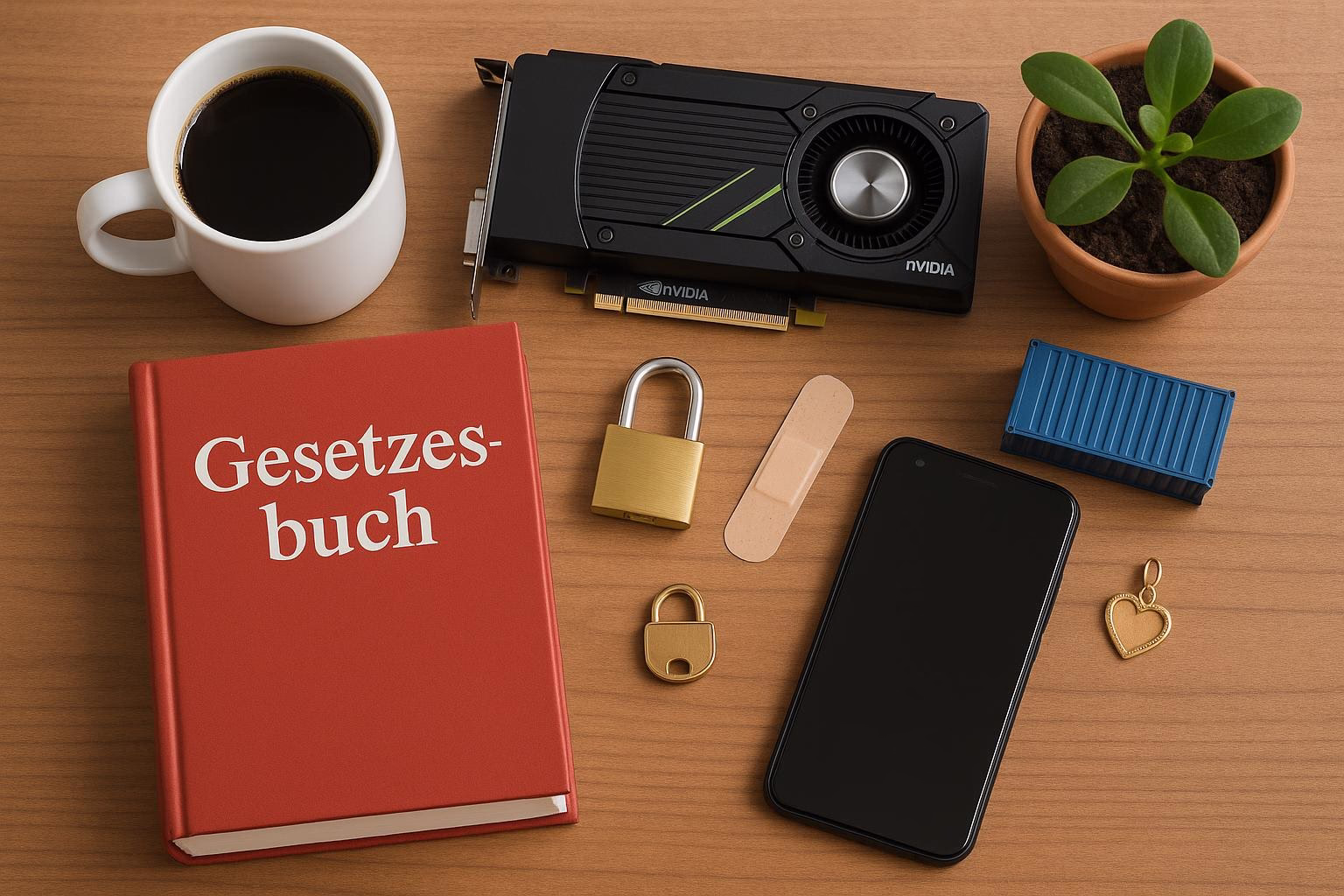 KDB Tech-Update 202512180606 Schreibtisch mit Kaffeetasse, Grafikkarte, Gesetzesbuch, Vorhängeschlössern, Smartphone und Pflanze—Symbole für Technik, Recht und Sicherheit.
