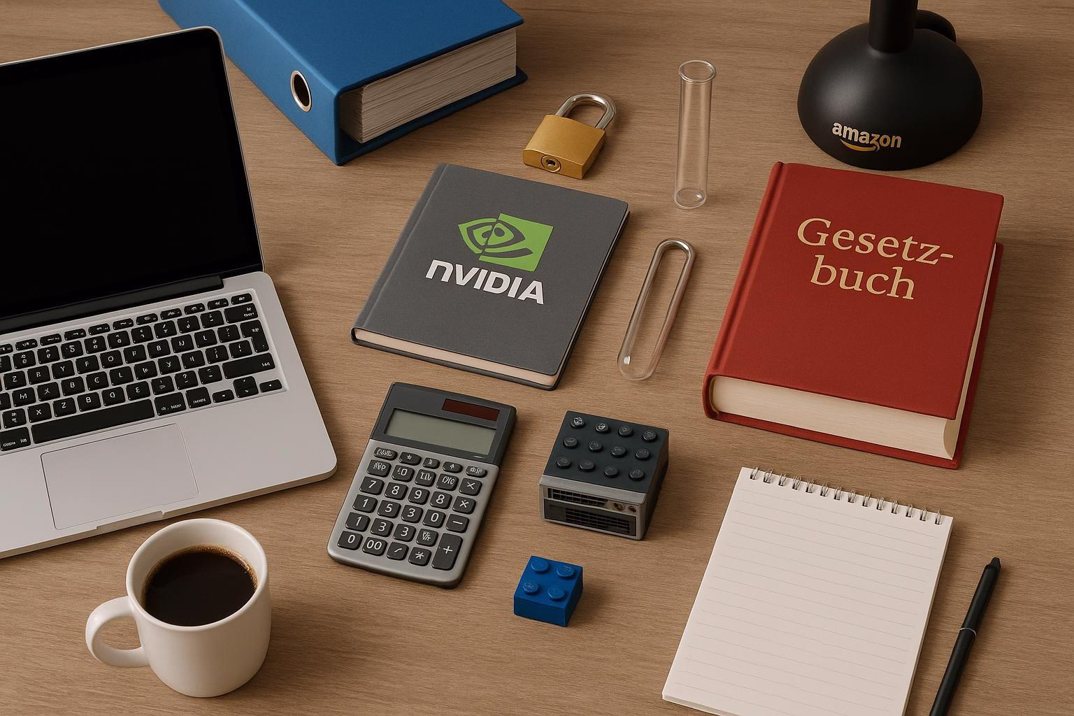 KDB Tech-Update 202512181602 Arbeitsplatz-Übersicht mit Laptop, Kaffeetasse, Taschenrechner, Modellserver, Vorhängeschloss, Reagenzglas und Gesetzesbuch neben Notizblock und Ordner.