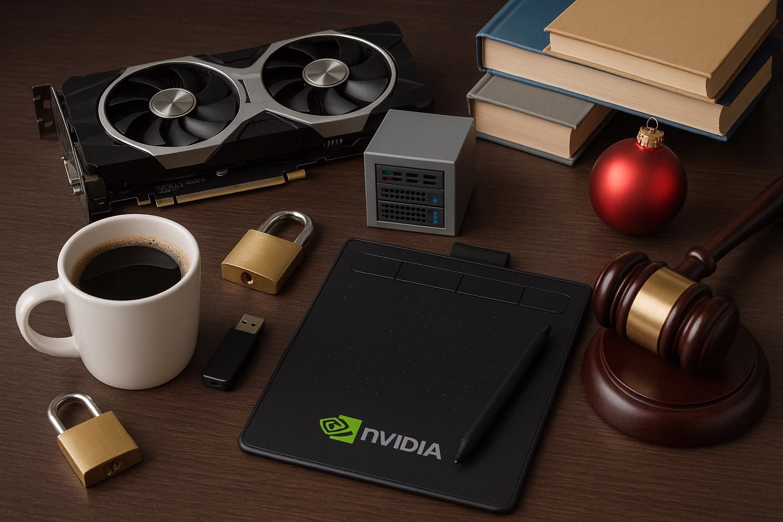 KDB Tech-Update 202512190603 Schreibtischszene mit Kaffeetasse, gesperrtem USB-Stick, Grafikkarte, Serverbox, Bücherstapeln, Weihnachtskugel und Richterhammer zur IT-Thematik.