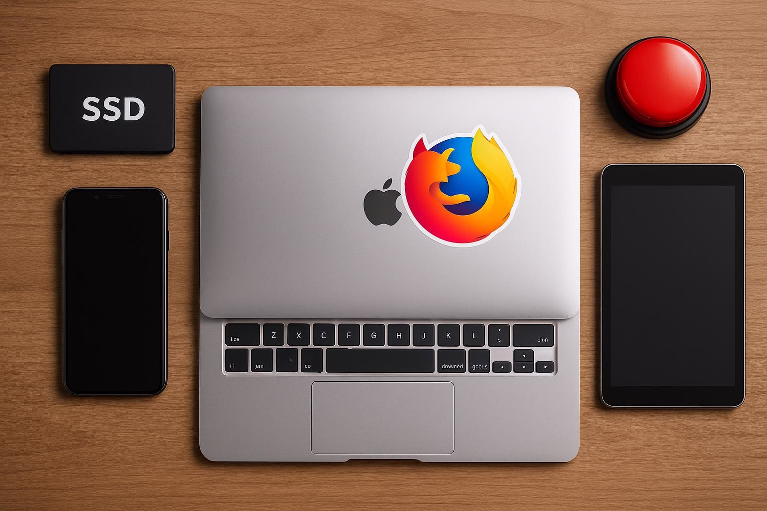 KDB Tech-Update 202512191601 Schreibtisch mit Laptop und zwei Smartphones; oben SSD-Schild, Firefox-Aufkleber auf dem Laptop, roter Knopf als Start-/Bedienelement.