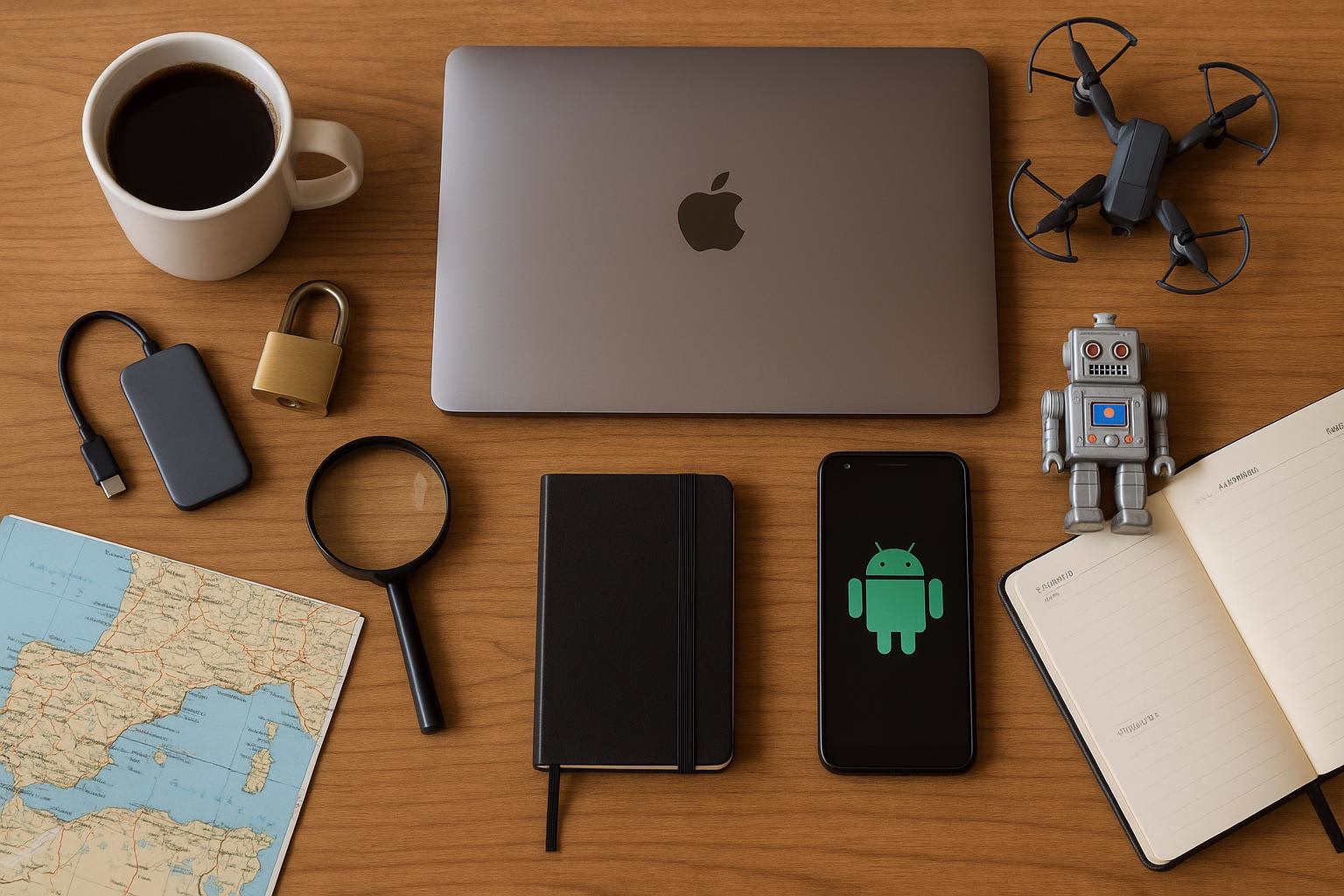 KDB Tech-Update 202512200607 Schreibtisch-Übersicht mit Laptop, Smartphone, externer SSD, Mini-Drohne und Roboterfigur; Kaffeetasse, Notizbuch, Landkarte und Tagesplaner für Planung und Technik-Update.