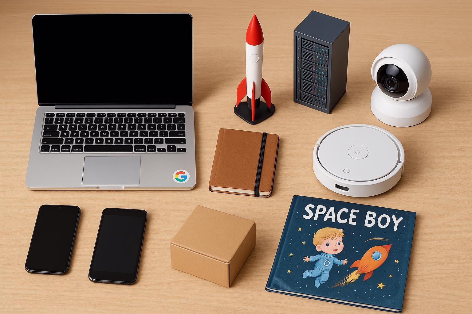 KDB Tech-Update 202512201601 Schreibtisch-Übersicht mit Laptop, Modellrakete, Server-Rack-Modell, Überwachungskamera, Saugroboter, Smartphones, Paket, Notizbuch und Kinderbuch.