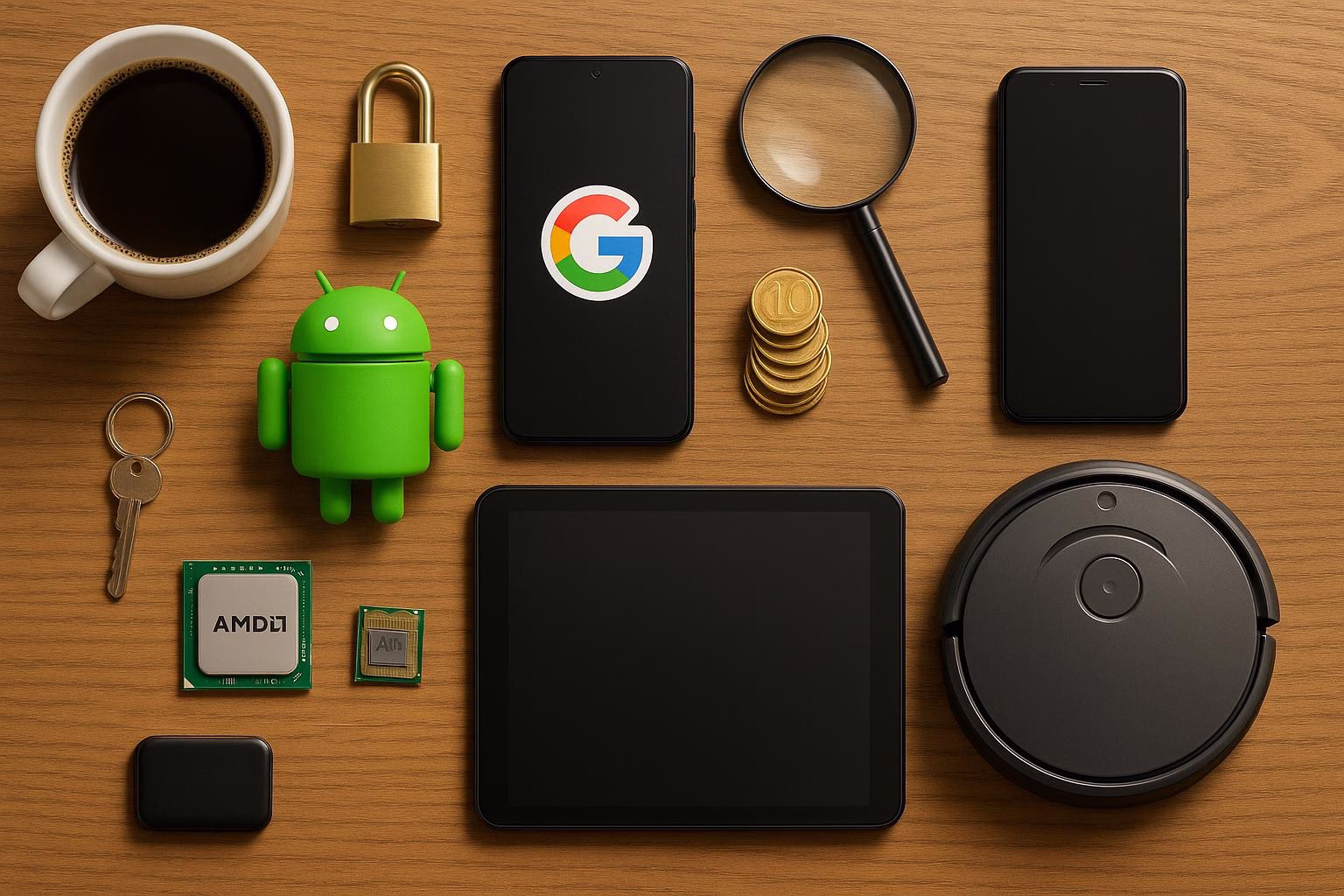 KDB Tech-Update 202512210605 Schreibtisch-Übersicht: gesperrtes Smartphone, Android- und Tablet-Geräte, Lupe, Münzen, Chip, Roboterstaubsauger und Schlösser als Technik-Update-Symbolik.