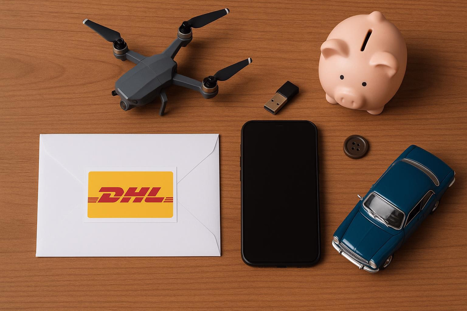 KDB Tech-Update 202512220606 Auf Holzplatte liegen Drohne, Smartphone, USB-Stick und Kuvert mit Aufkleber sowie Sparschwein und Modellauto als Technik-/Versand-Inszenierung.