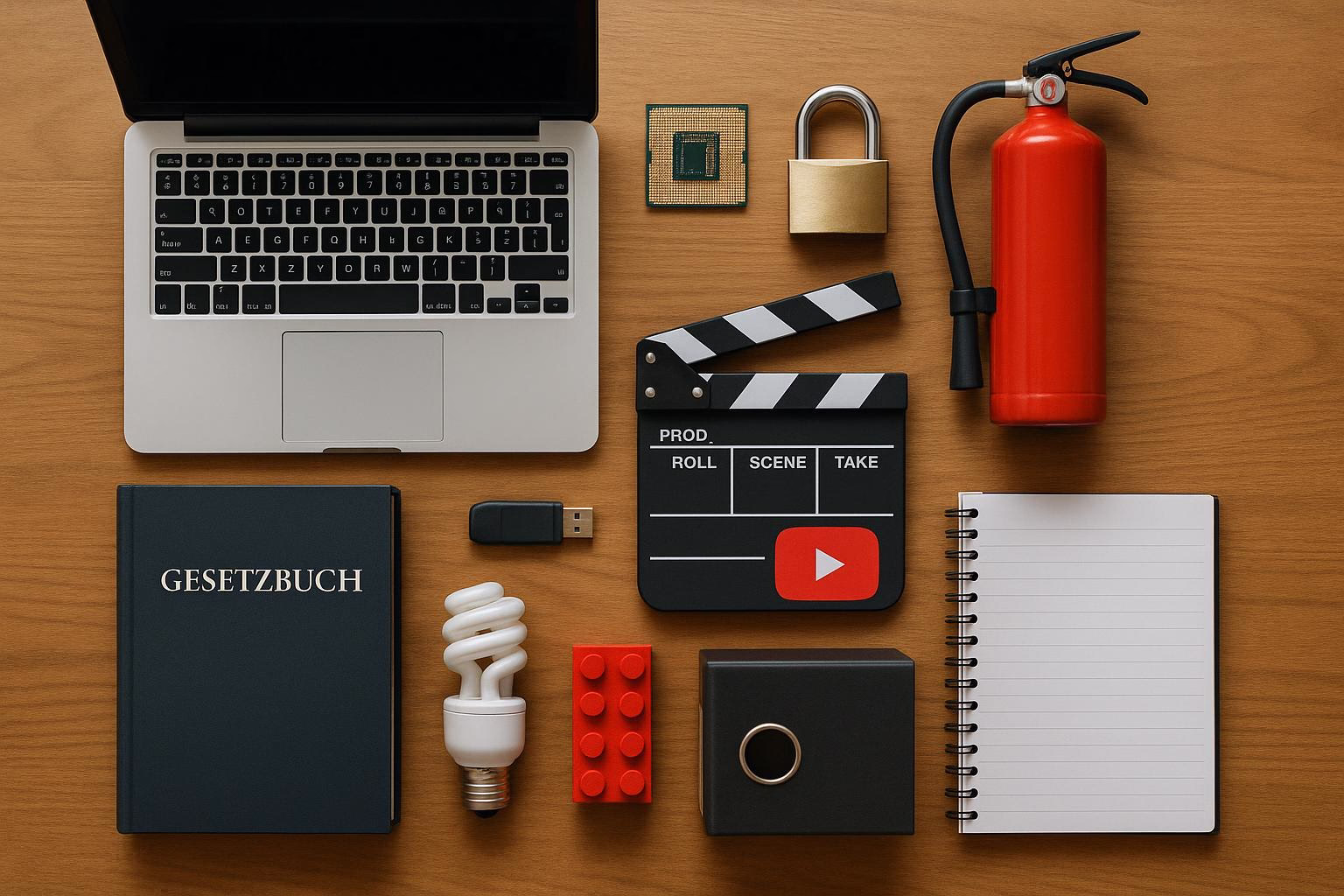 KDB Tech-Update 202512221605 Schreibtisch-Arrangement: Laptop, Elektronikbauteil, USB-Stick, Vorhängeschloss, Feuerlöscher, Filmmarker und Notizblock als Symbol für Technik und Sicherheit.