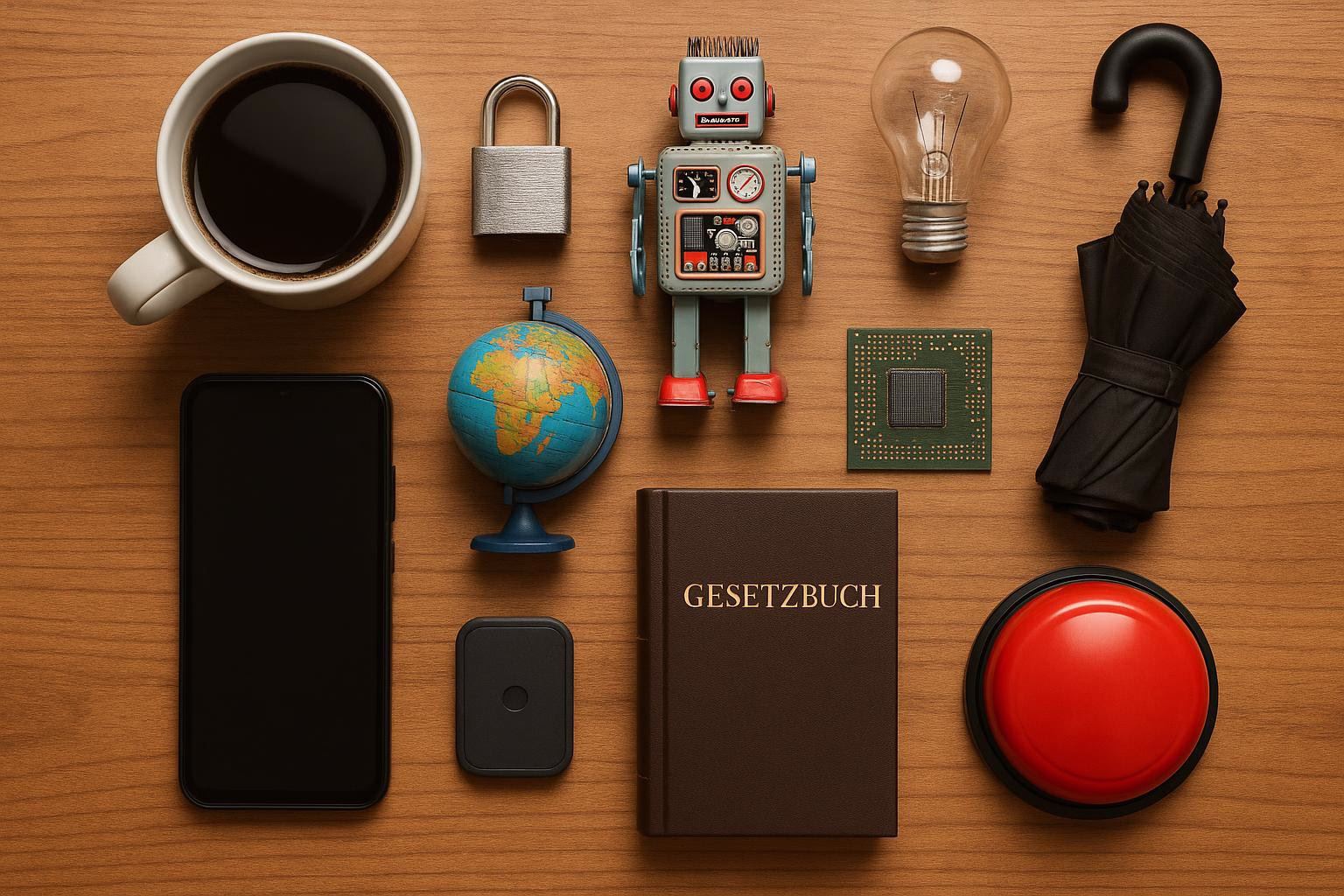 KDB Tech-Update 202512230607 Schreibtisch-Ansicht mit Kaffeetasse, Smartphone, Globus, Roboterfigur, Computerchip, Gesetzbuch, rotem Knopf und Regenschirm.