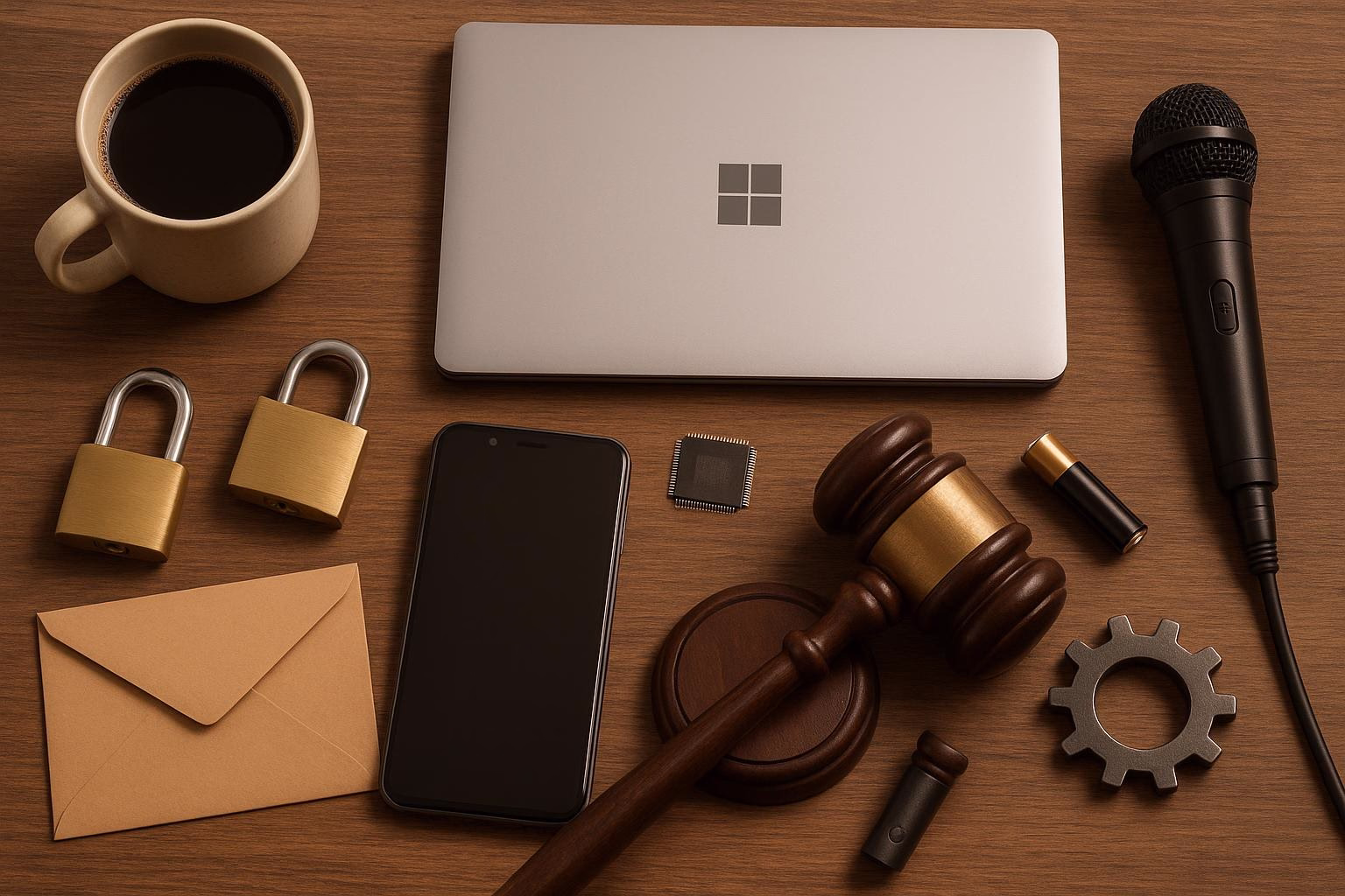 Schreibtisch-Übersicht: Laptop mit Schutzsymbolen, gesperrtes Smartphone, Briefumschläge, Mikrofon und Richterhammer neben Schloss und Zahnrad.