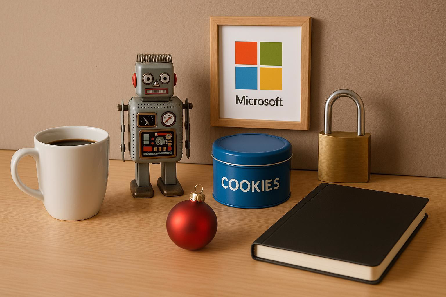 KDB Tech-Update 202512241604 Schreibtisch-Arrangement mit Roboterfigur, Kaffeetasse, Keksendose, Vorhängeschloss und Weihnachtskugel; Poster und Notizbuch im Hintergrund.