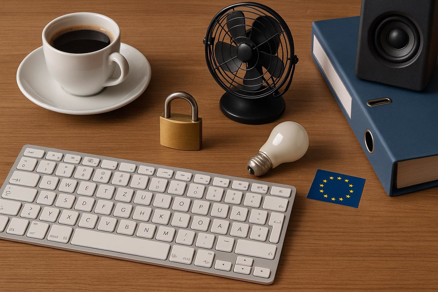 Schreibtisch mit Tastatur, Kaffeetasse, Ventilator, Lautsprecherbox, Glühbirne, Vorhängeschloss und Aktenordner; Elemente für Technik und Sicherheit.