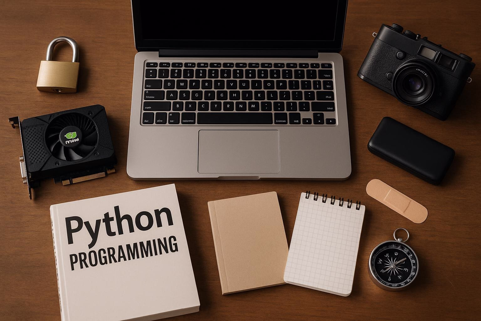 Schreibtisch-Setup mit Laptop, Python-Programmierbuch, Netzwerkkarte, Fotoapparat, Powerbank, Notizblock und Kompass; technisches Projekt/Orientierung.