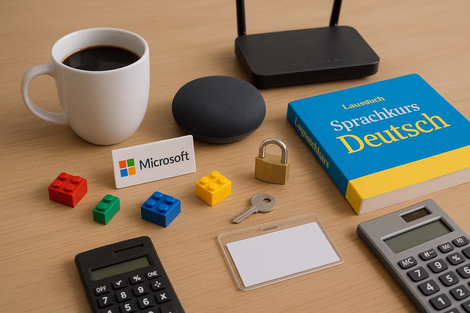KDB Tech-Update 202512281602 Schreibtisch mit Kaffeetasse, Smart Speaker, Router, LEGO-Steinen, Sprachlehrbuch, Schlüssel, Vorhängeschloss, Namensschild und Taschenrechner.